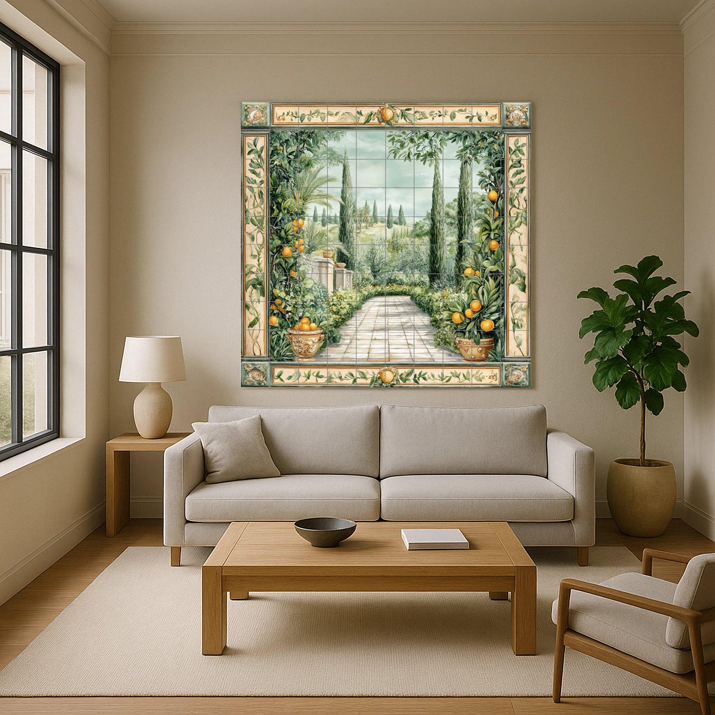 Mediterranean garden ceramic wall mural with orange trees and cypress path, Tuscan countryside tile art, handmade rustic orchard decor