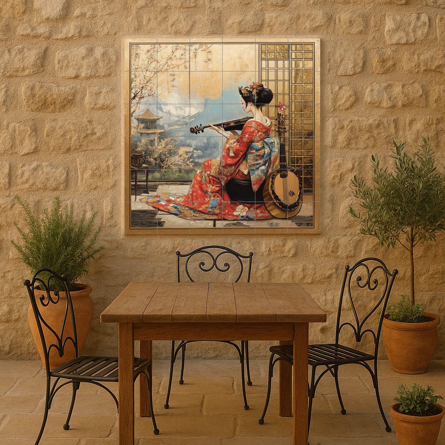 Ceramic wall mural of a geisha in a red kimono with a violin, Japanese cultural tile art with a gold frame, handmade oriental heritage decor