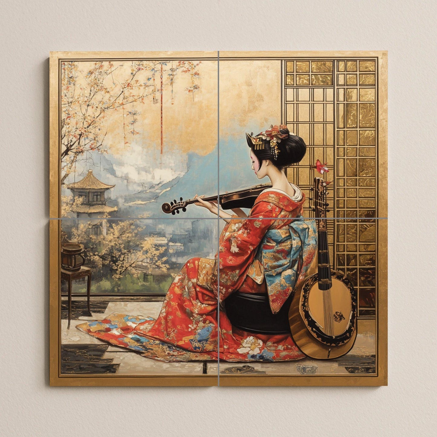 Ceramic wall mural of a geisha in a red kimono with a violin, Japanese cultural tile art with a gold frame, handmade oriental heritage decor