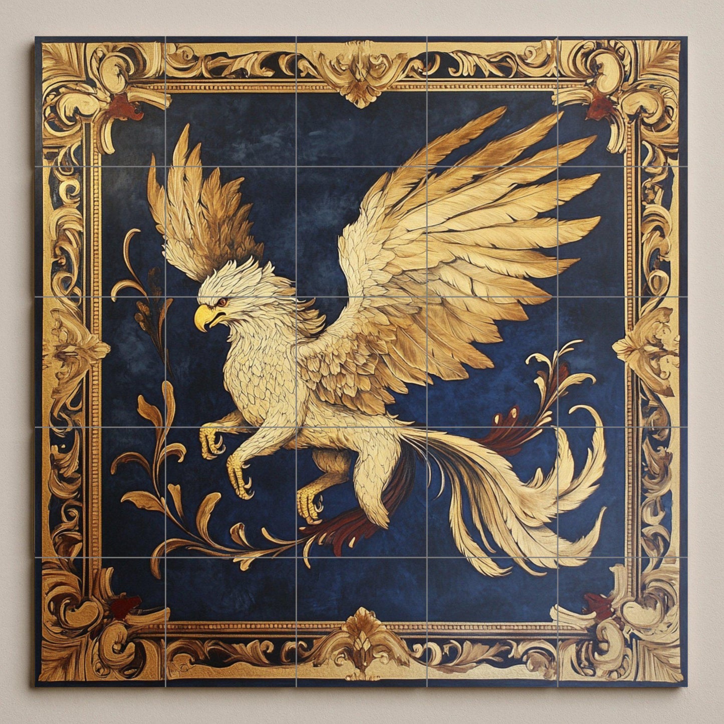 Golden griffin ceramic wall mural with heraldic frame and dark blue background, fantasy mythical creature tile art, handmade medieval decor
