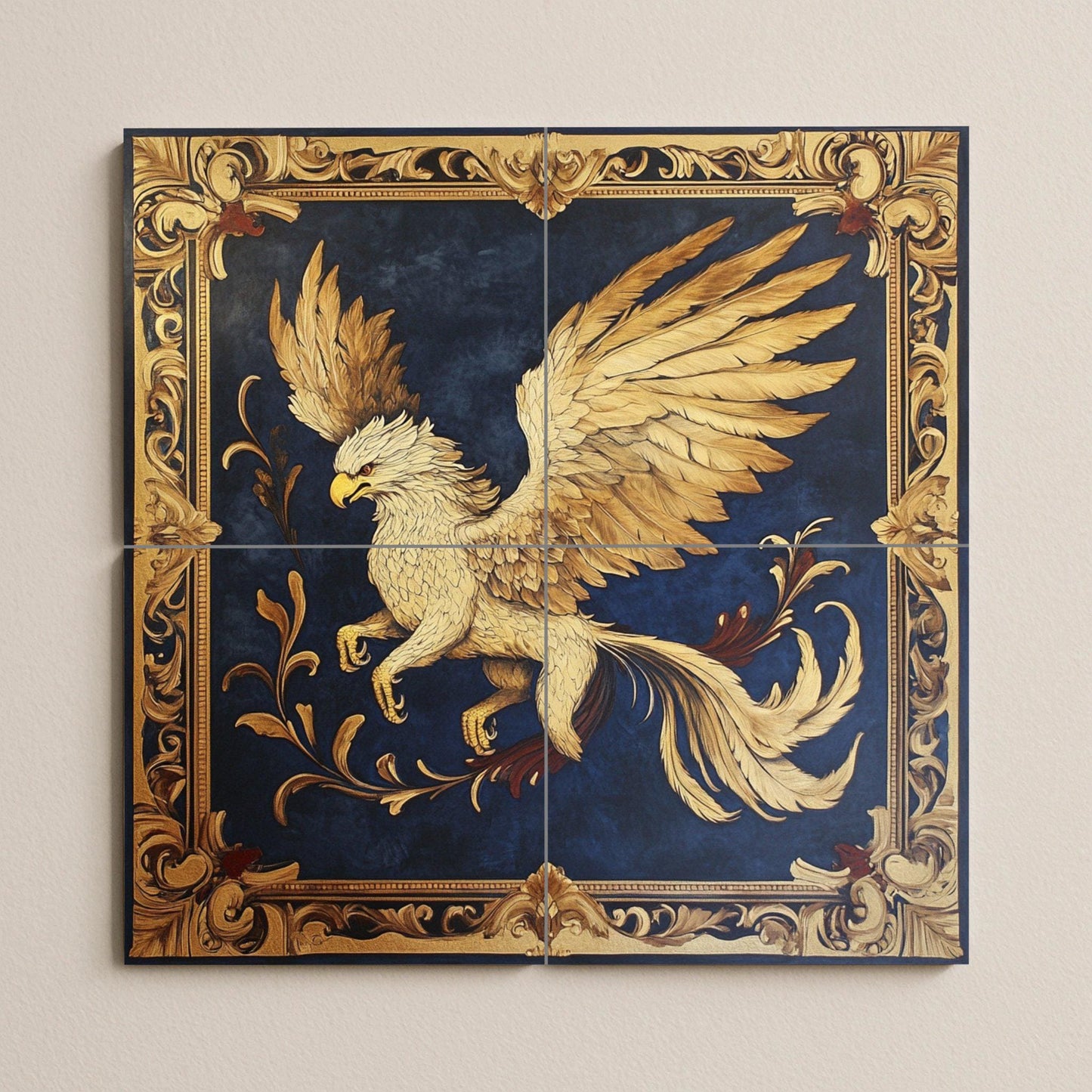 Golden griffin ceramic wall mural with heraldic frame and dark blue background, fantasy mythical creature tile art, handmade medieval decor