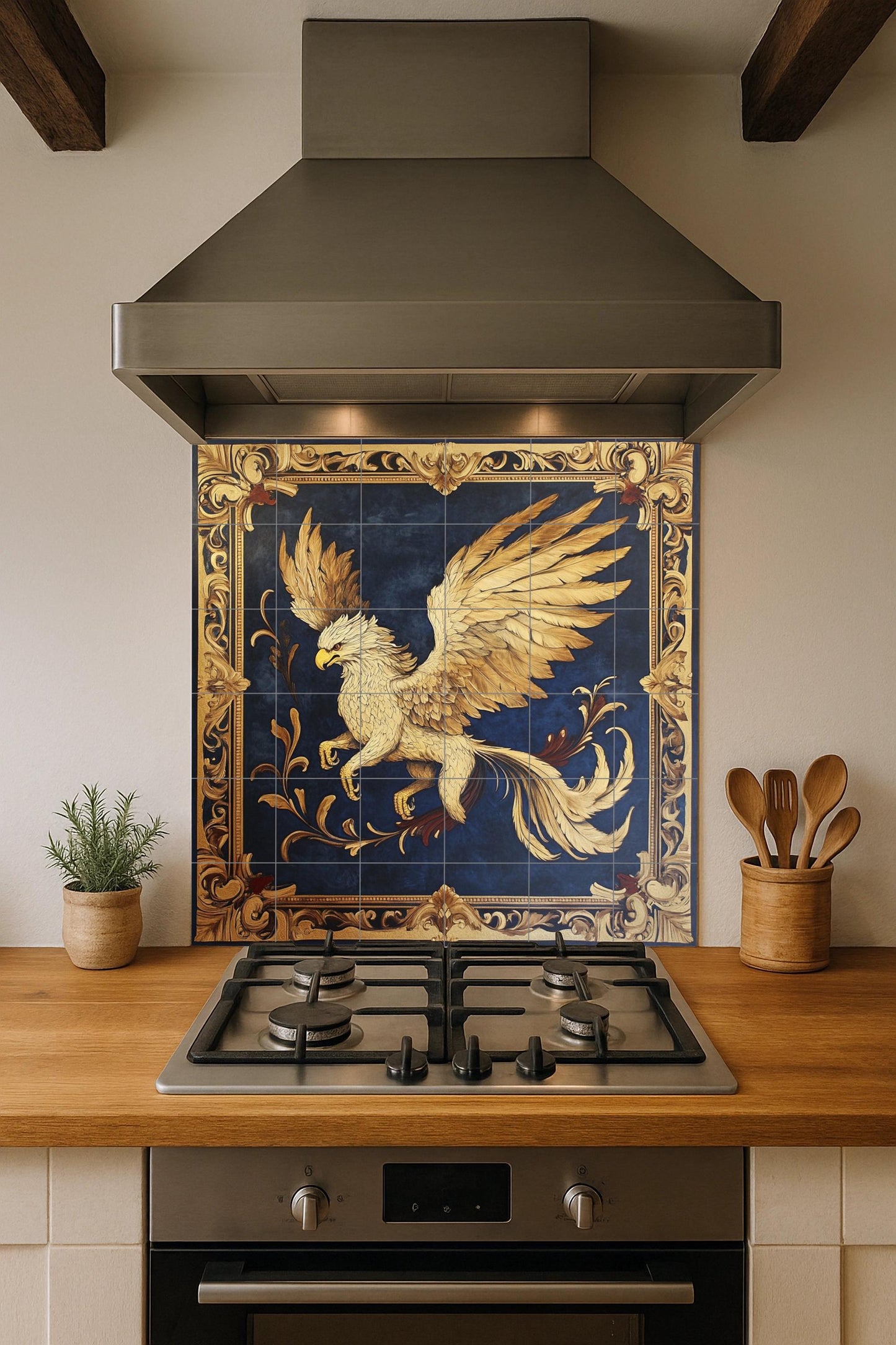 Golden griffin ceramic wall mural with heraldic frame and dark blue background, fantasy mythical creature tile art, handmade medieval decor