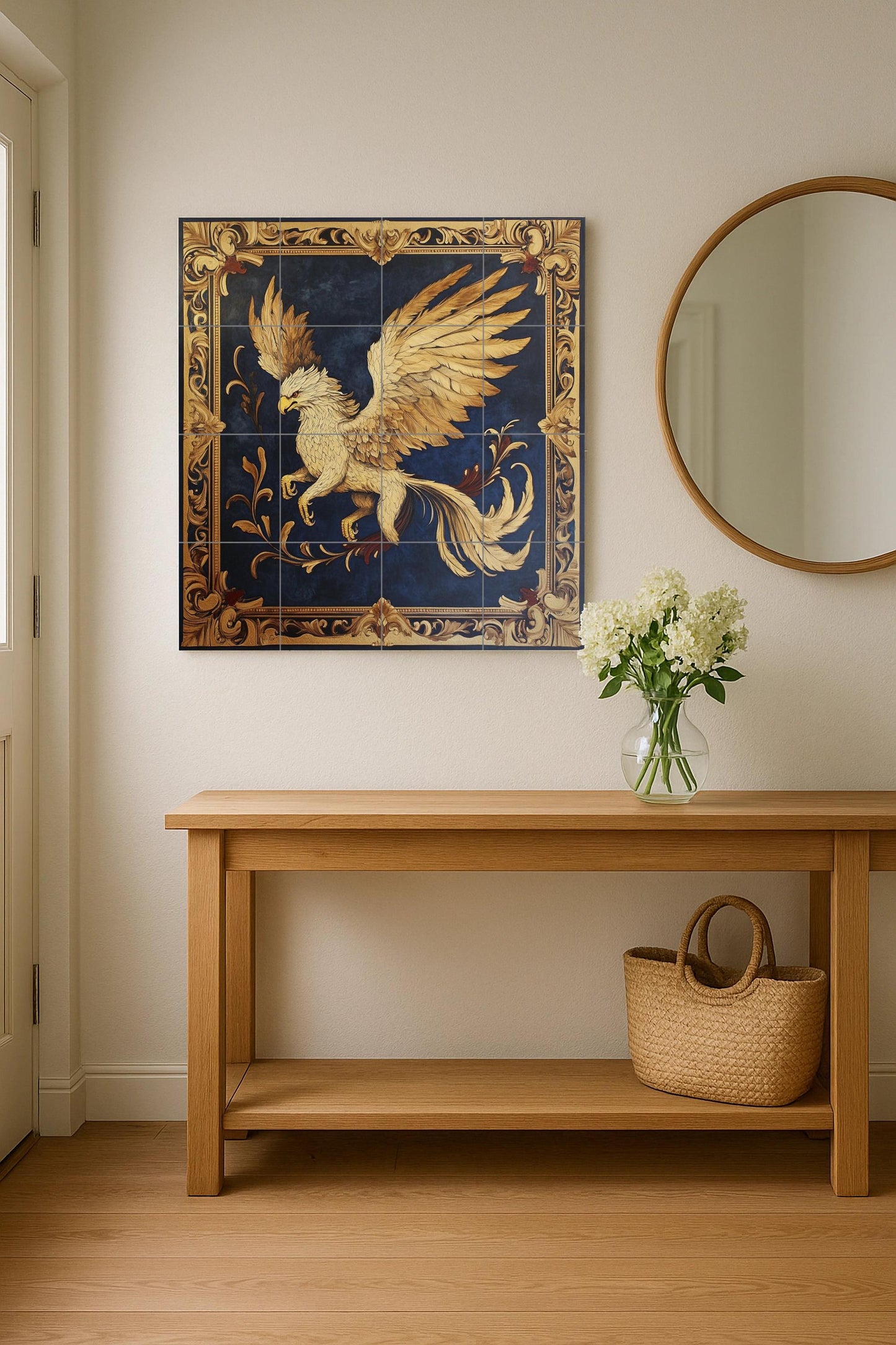 Golden griffin ceramic wall mural with heraldic frame and dark blue background, fantasy mythical creature tile art, handmade medieval decor