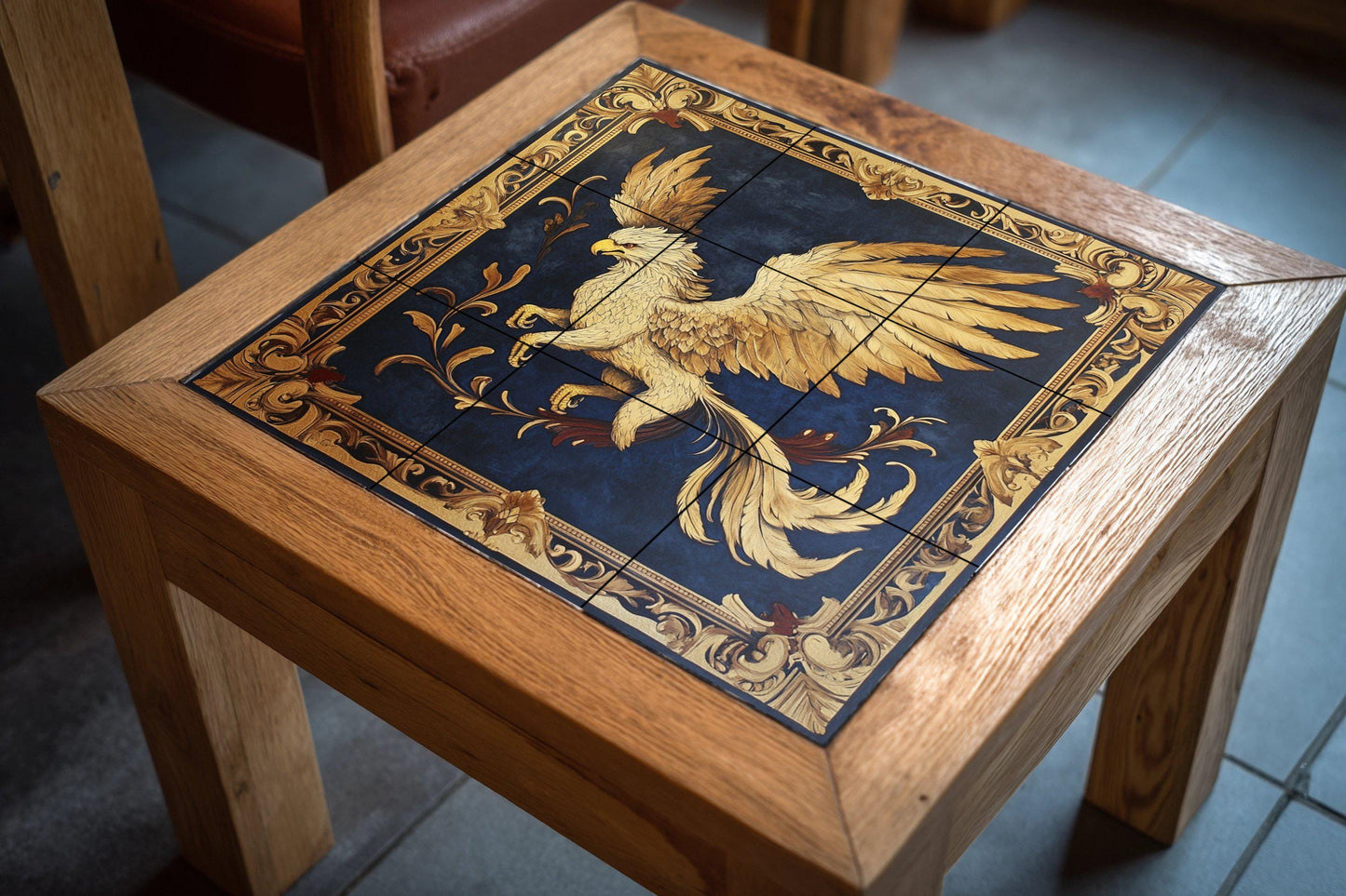 Golden griffin ceramic wall mural with heraldic frame and dark blue background, fantasy mythical creature tile art, handmade medieval decor
