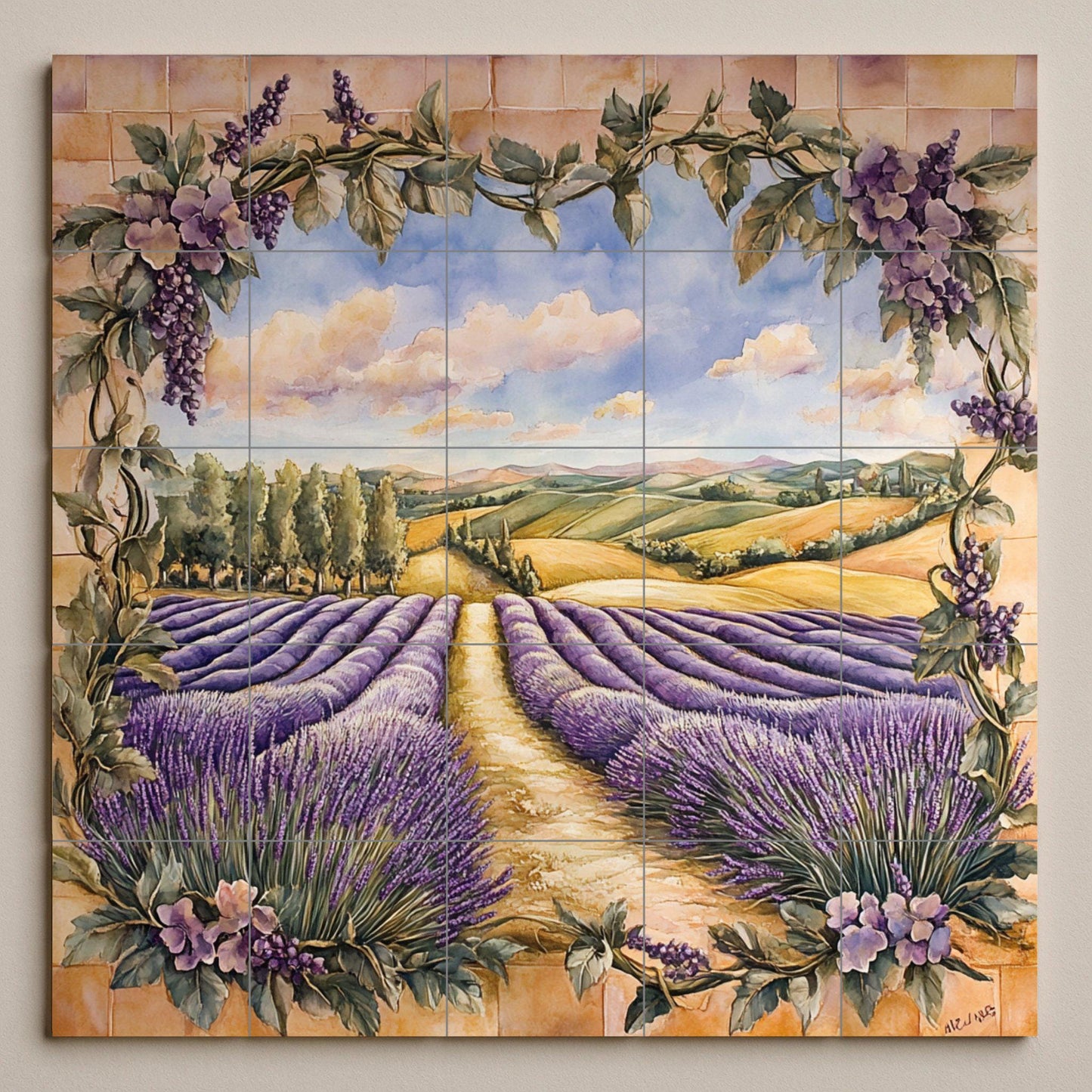 Ceramic wall mural with lavender field and Tuscan vine frame, Mediterranean floral art, handmade rustic decor.