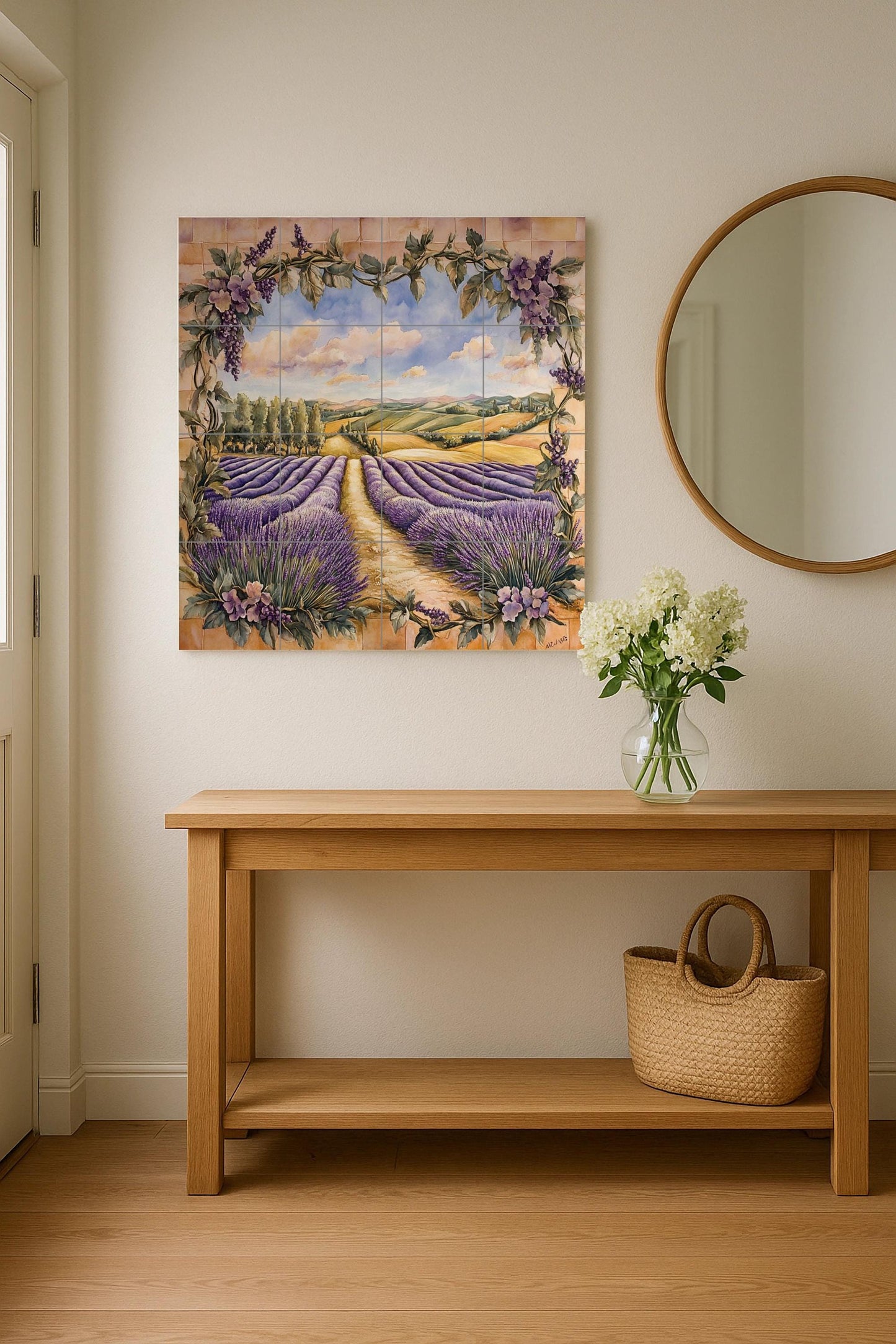 Ceramic wall mural with lavender field and Tuscan vine frame, Mediterranean floral art, handmade rustic decor.