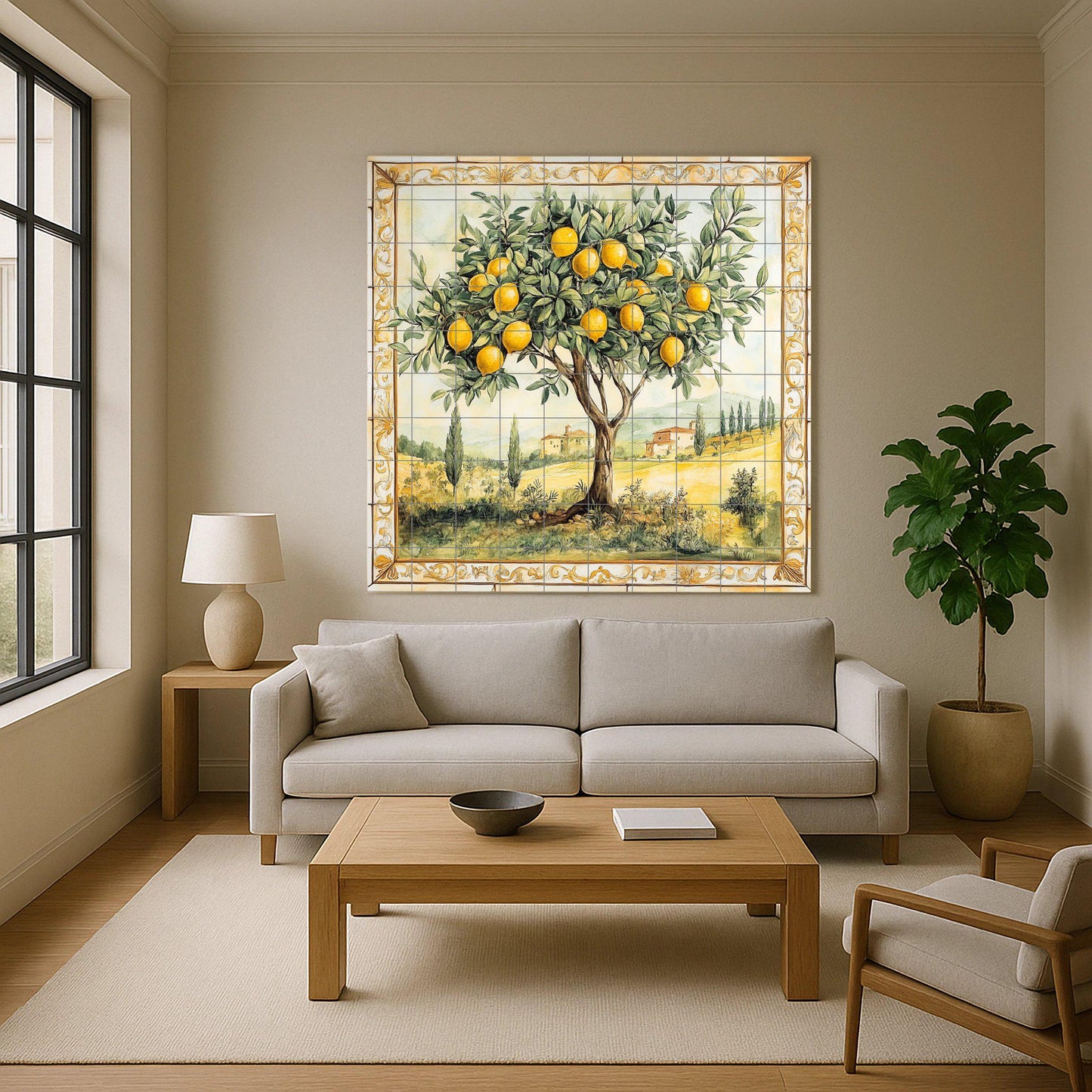Ceramic wall mural of a lemon tree with a Tuscan landscape and gold border, Mediterranean orchard tile art, handmade rustic kitchen decor