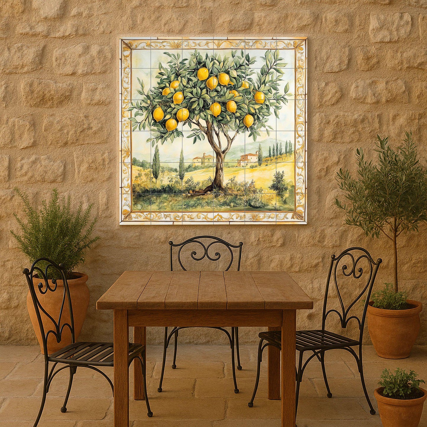 Ceramic wall mural of a lemon tree with a Tuscan landscape and gold border, Mediterranean orchard tile art, handmade rustic kitchen decor