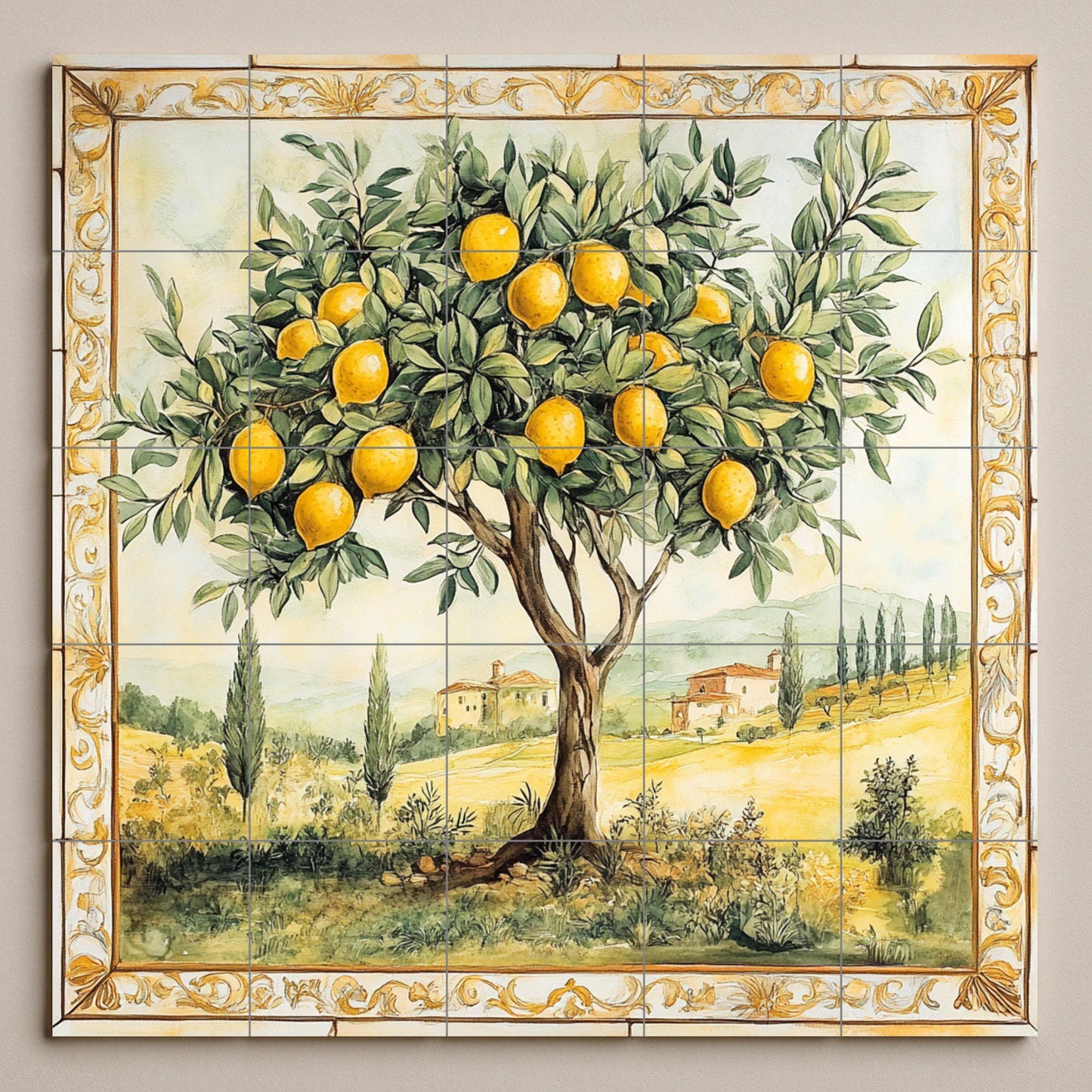 Ceramic wall mural of a lemon tree with a Tuscan landscape and gold border, Mediterranean orchard tile art, handmade rustic kitchen decor