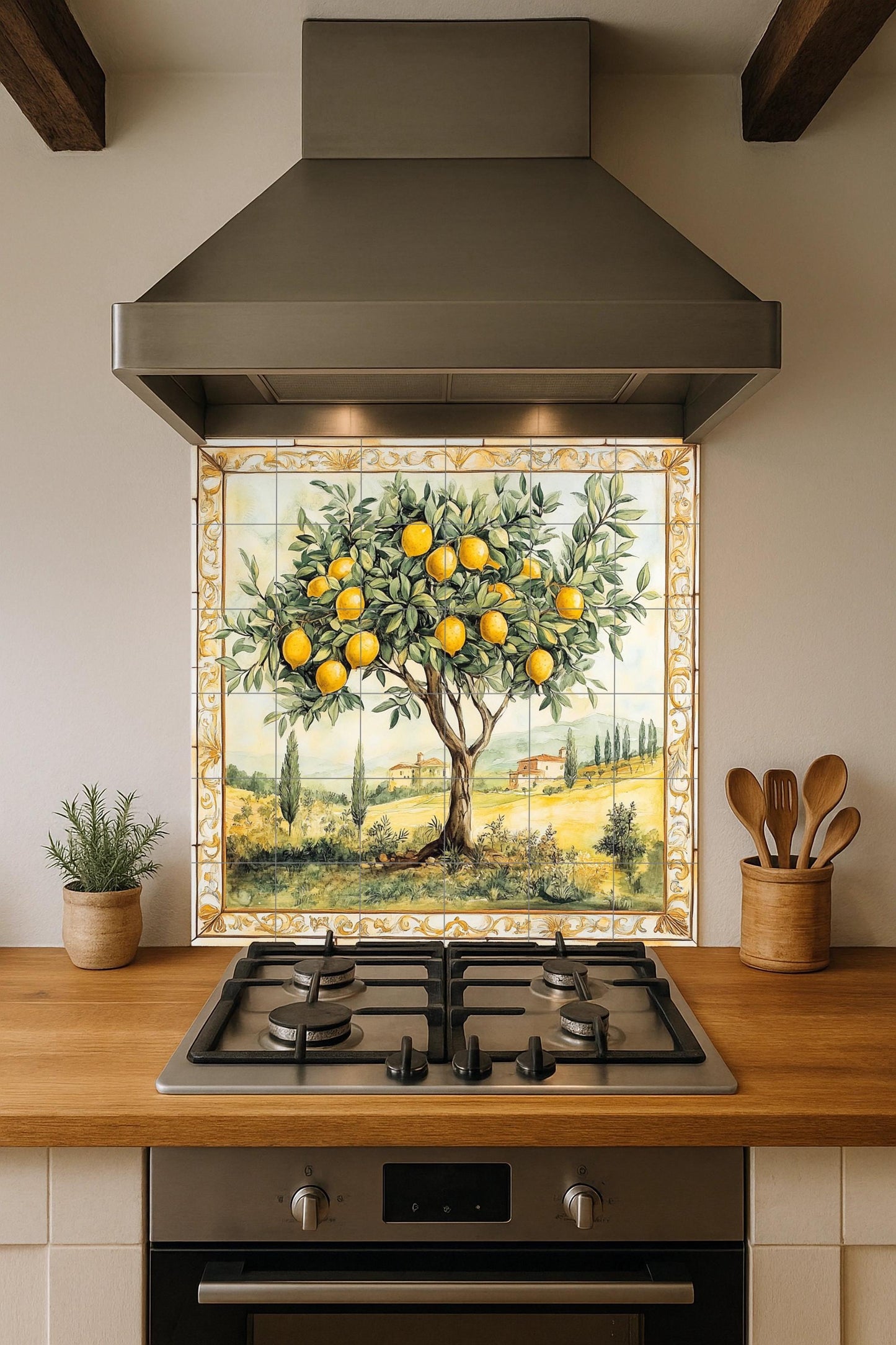Ceramic wall mural of a lemon tree with a Tuscan landscape and gold border, Mediterranean orchard tile art, handmade rustic kitchen decor