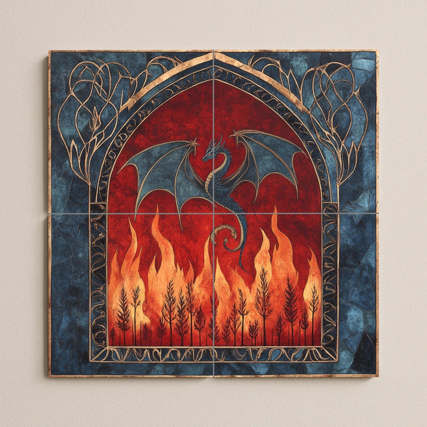 Medieval dragon ceramic wall mural with gothic arch and fire design, fantasy creature tile art, handmade mythical cultural decoration