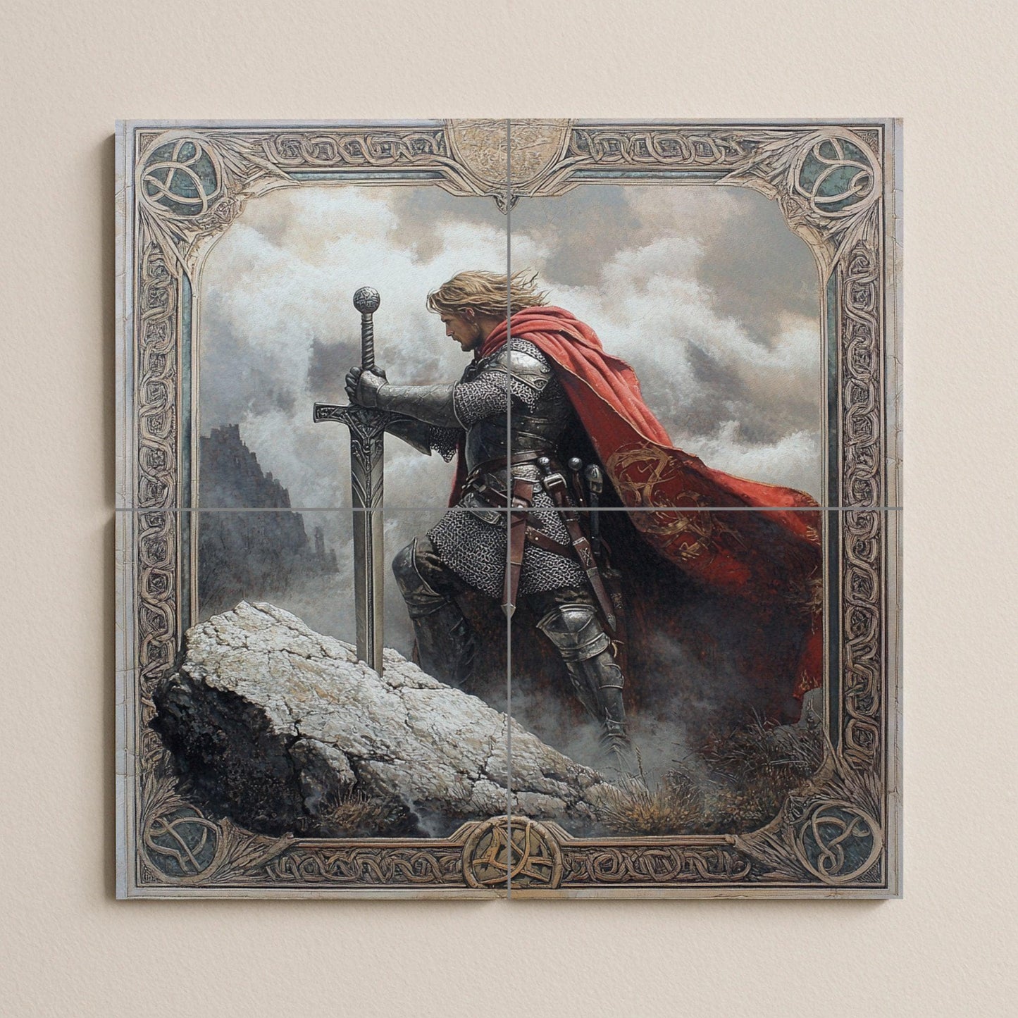Medieval knight ceramic wall mural with sword and red cape, fantasy warrior tile art, handmade Arthurian legend cultural decoration