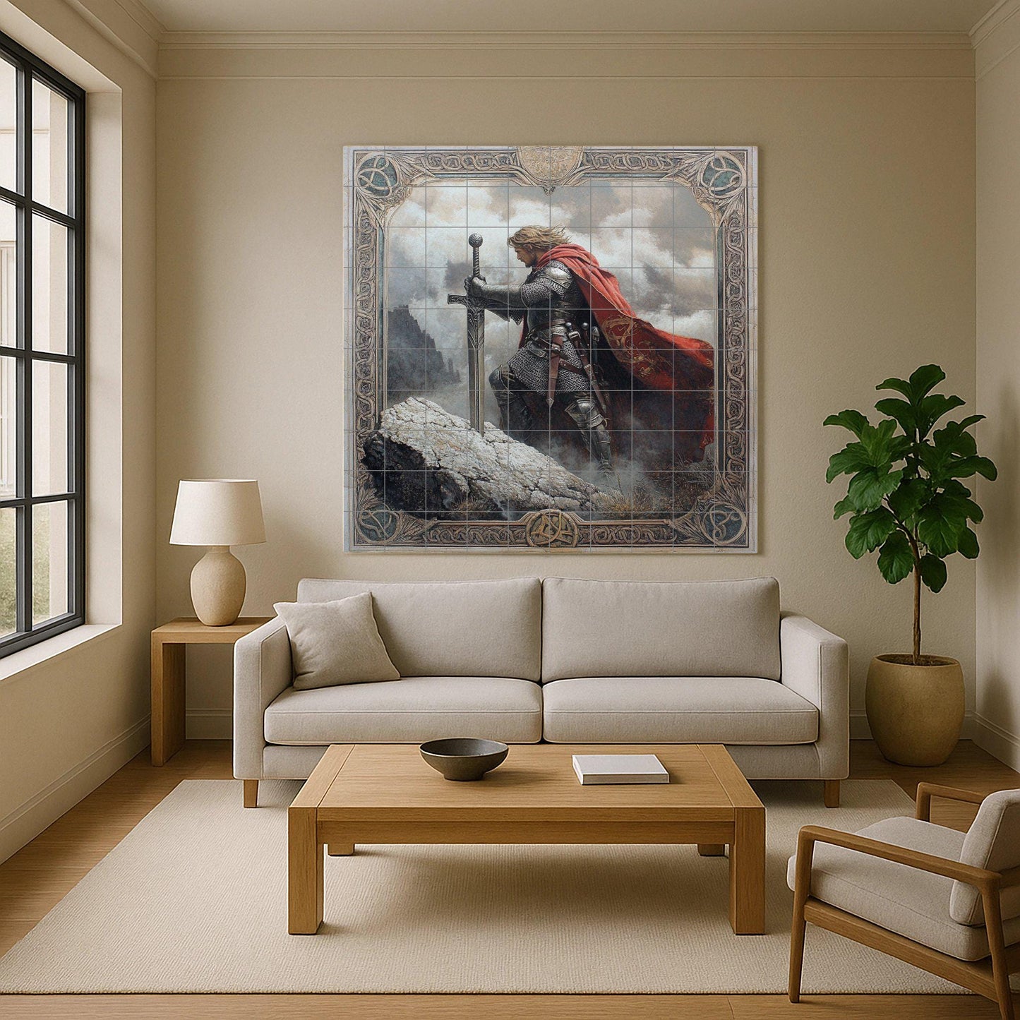 Medieval knight ceramic wall mural with sword and red cape, fantasy warrior tile art, handmade Arthurian legend cultural decoration