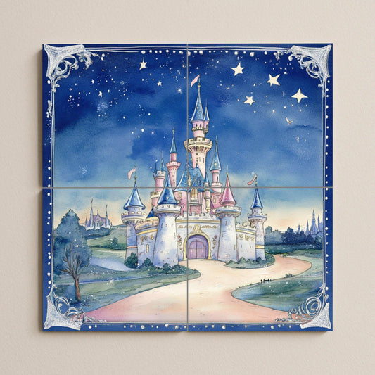 Fairy tale castle ceramic wall mural with starry sky and fantasy design, enchanted fairy tale tile art, handmade magical home decor