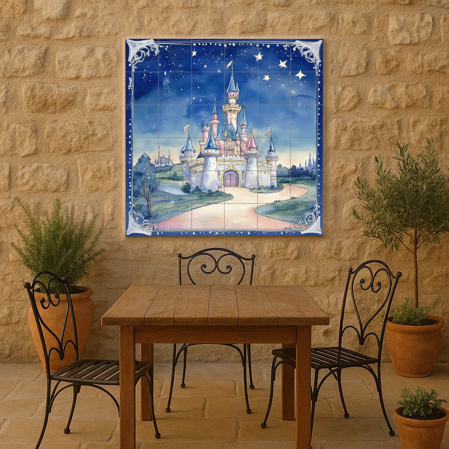 Fairy tale castle ceramic wall mural with starry sky and fantasy design, enchanted fairy tale tile art, handmade magical home decor