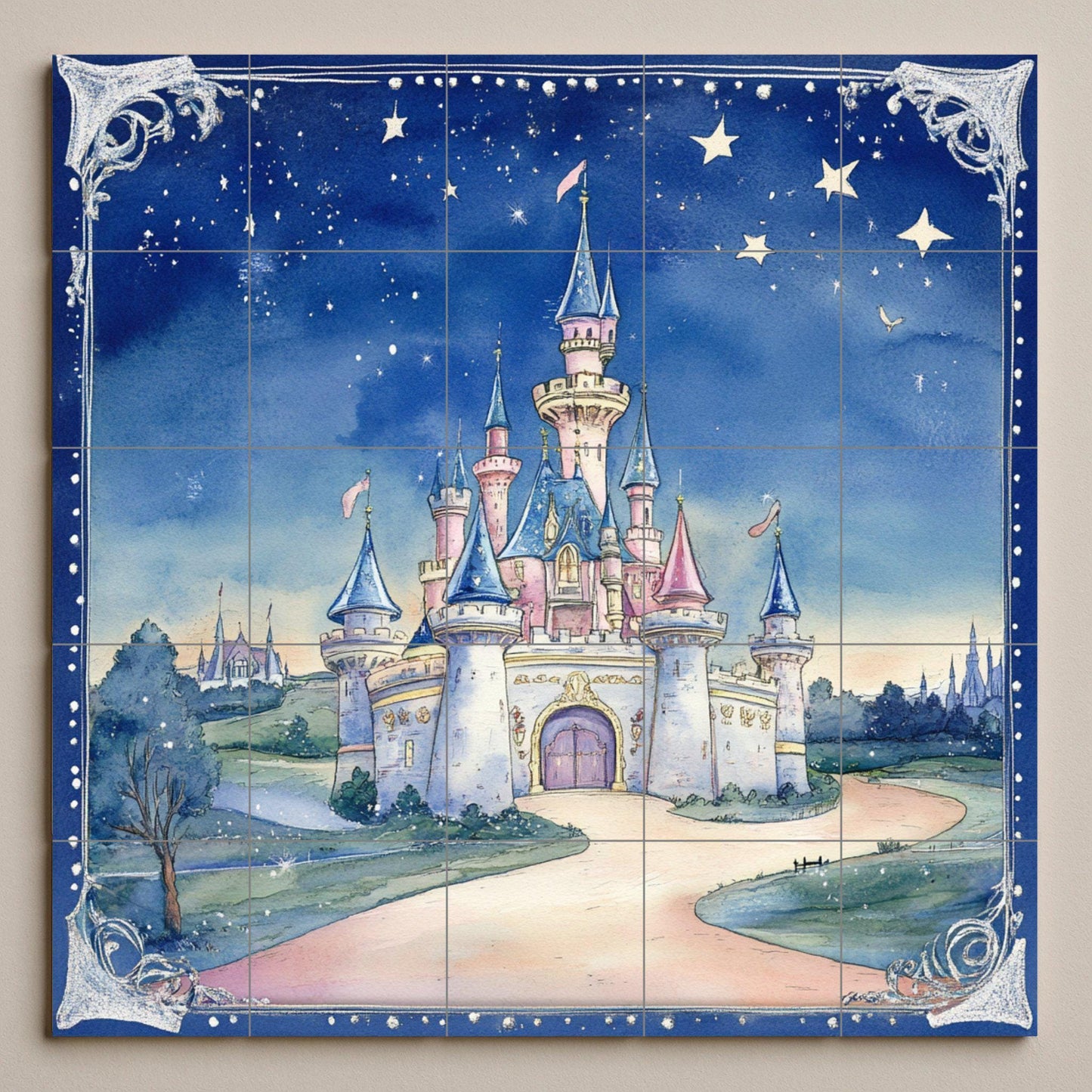 Fairy tale castle ceramic wall mural with starry sky and fantasy design, enchanted fairy tale tile art, handmade magical home decor