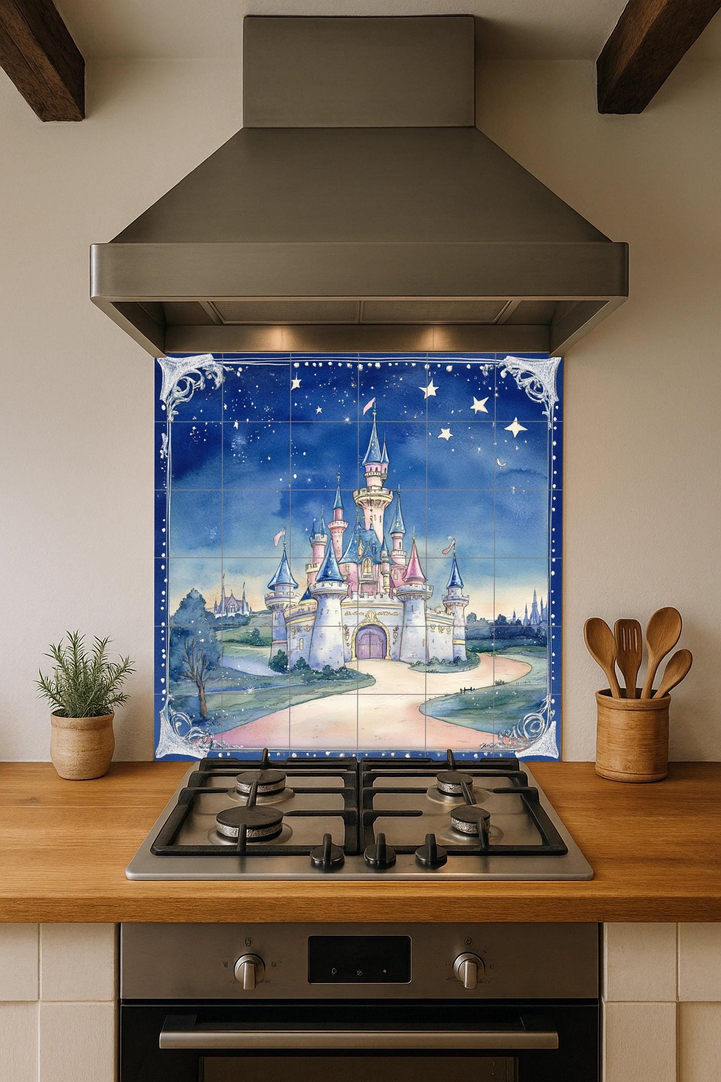 Fairy tale castle ceramic wall mural with starry sky and fantasy design, enchanted fairy tale tile art, handmade magical home decor
