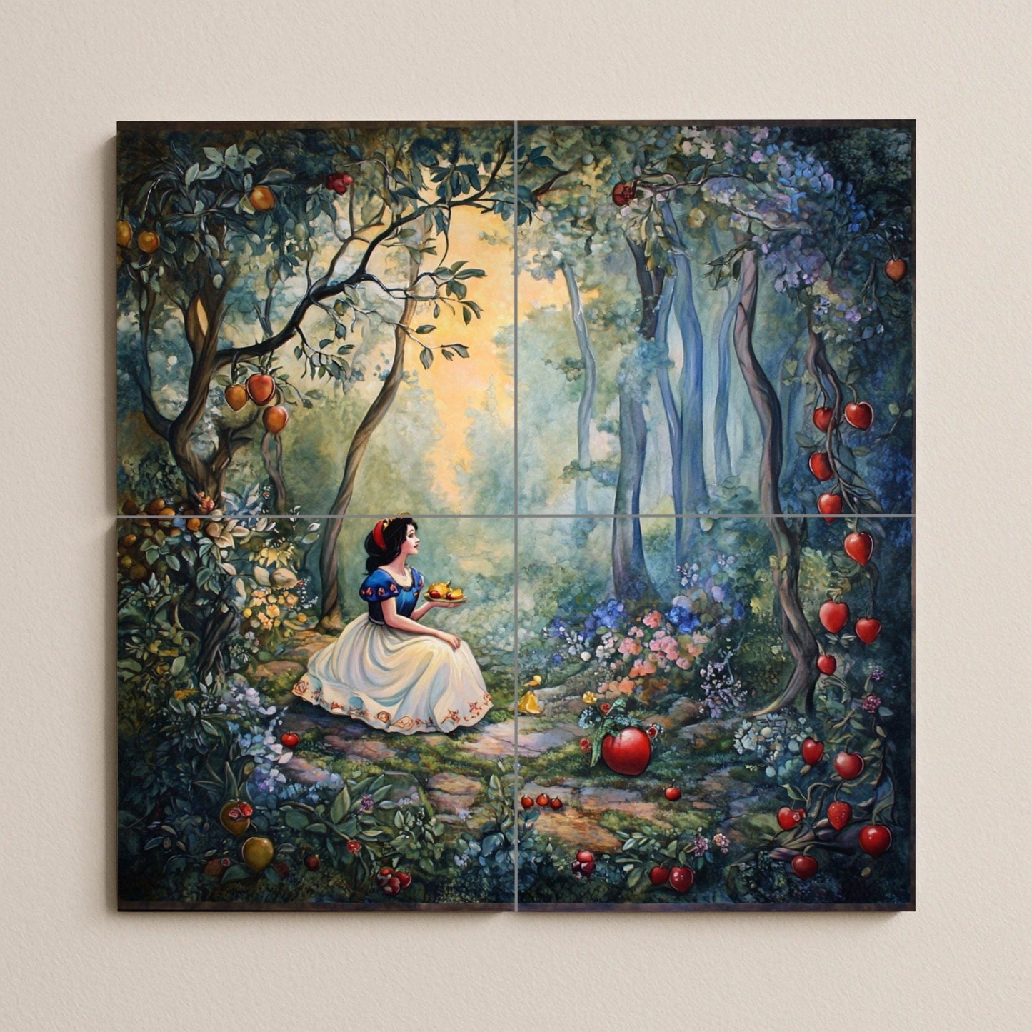 Snow White ceramic wall mural with enchanted forest and apples, fairy tale princess tile art, handmade fantasy tale home decor