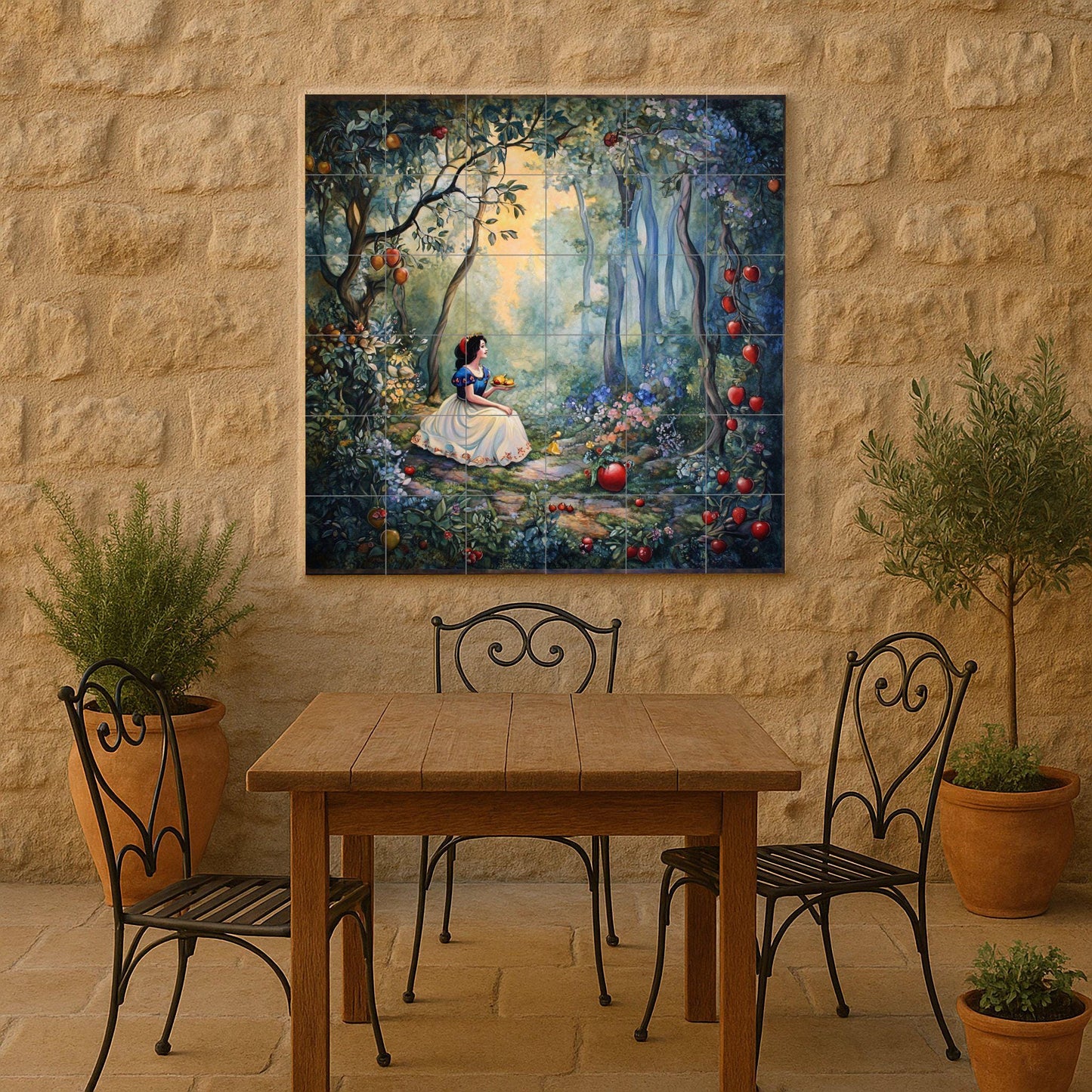 Snow White ceramic wall mural with enchanted forest and apples, fairy tale princess tile art, handmade fantasy tale home decor