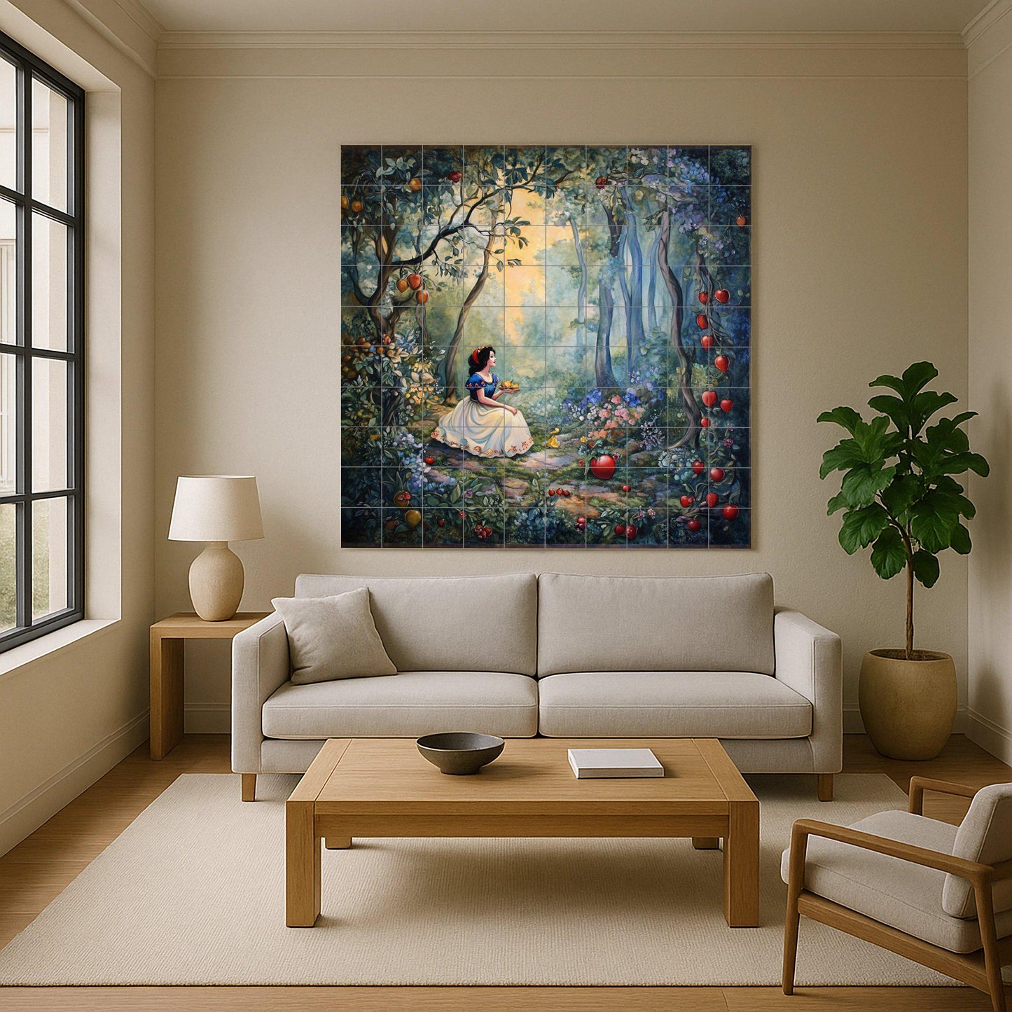 Snow White ceramic wall mural with enchanted forest and apples, fairy tale princess tile art, handmade fantasy tale home decor
