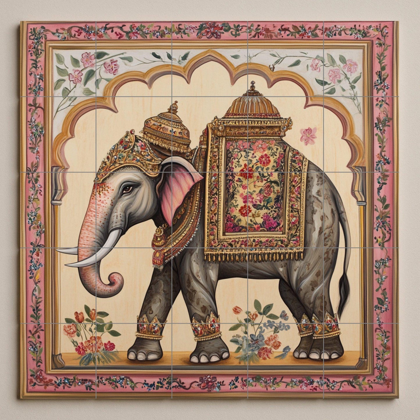 Indian Elephant Ceramic Wall Mural with Ornate Saddle and Floral Border, Royal Decorative Tile Art, Handmade Cultural Heritage Decor