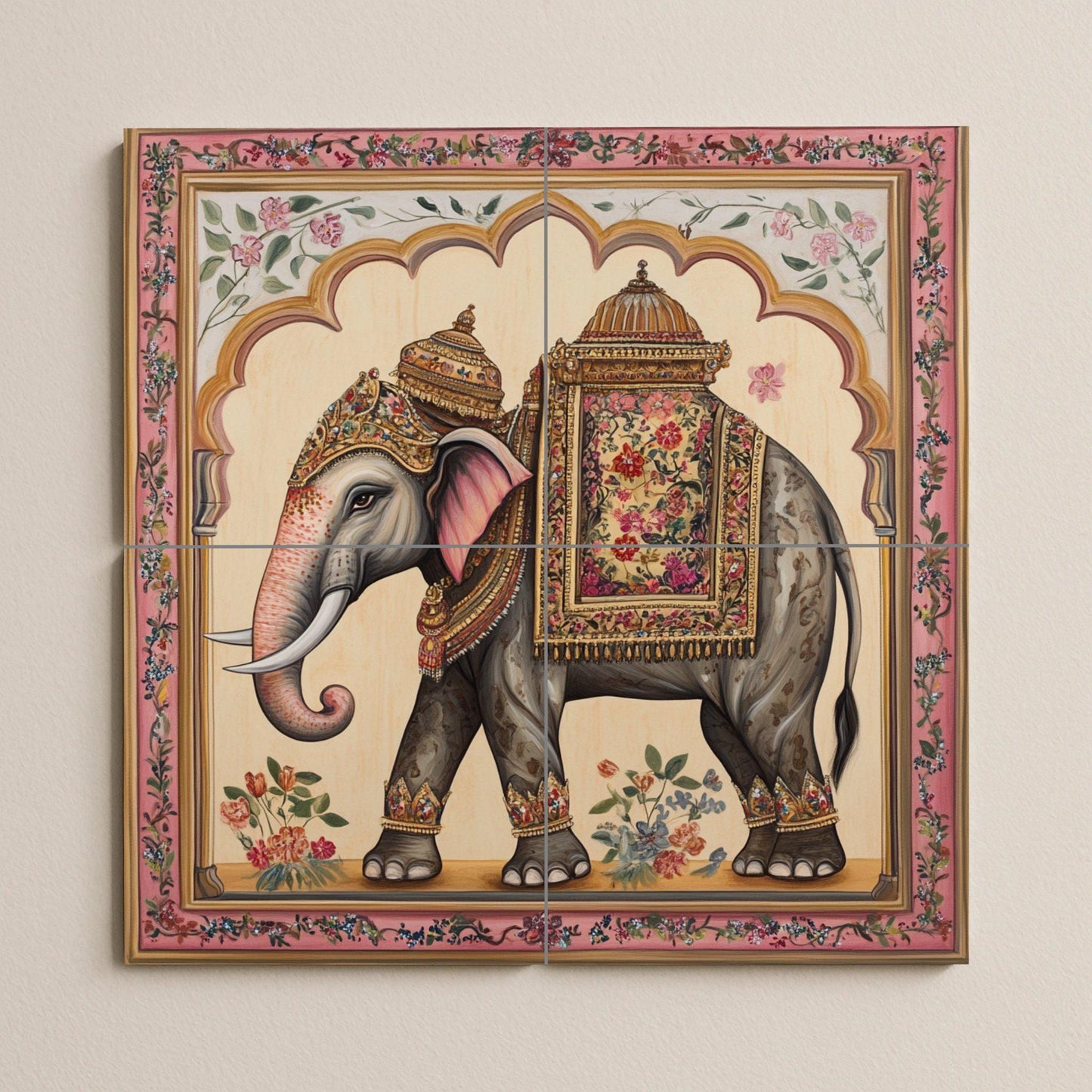 Indian Elephant Ceramic Wall Mural with Ornate Saddle and Floral Border, Royal Decorative Tile Art, Handmade Cultural Heritage Decor