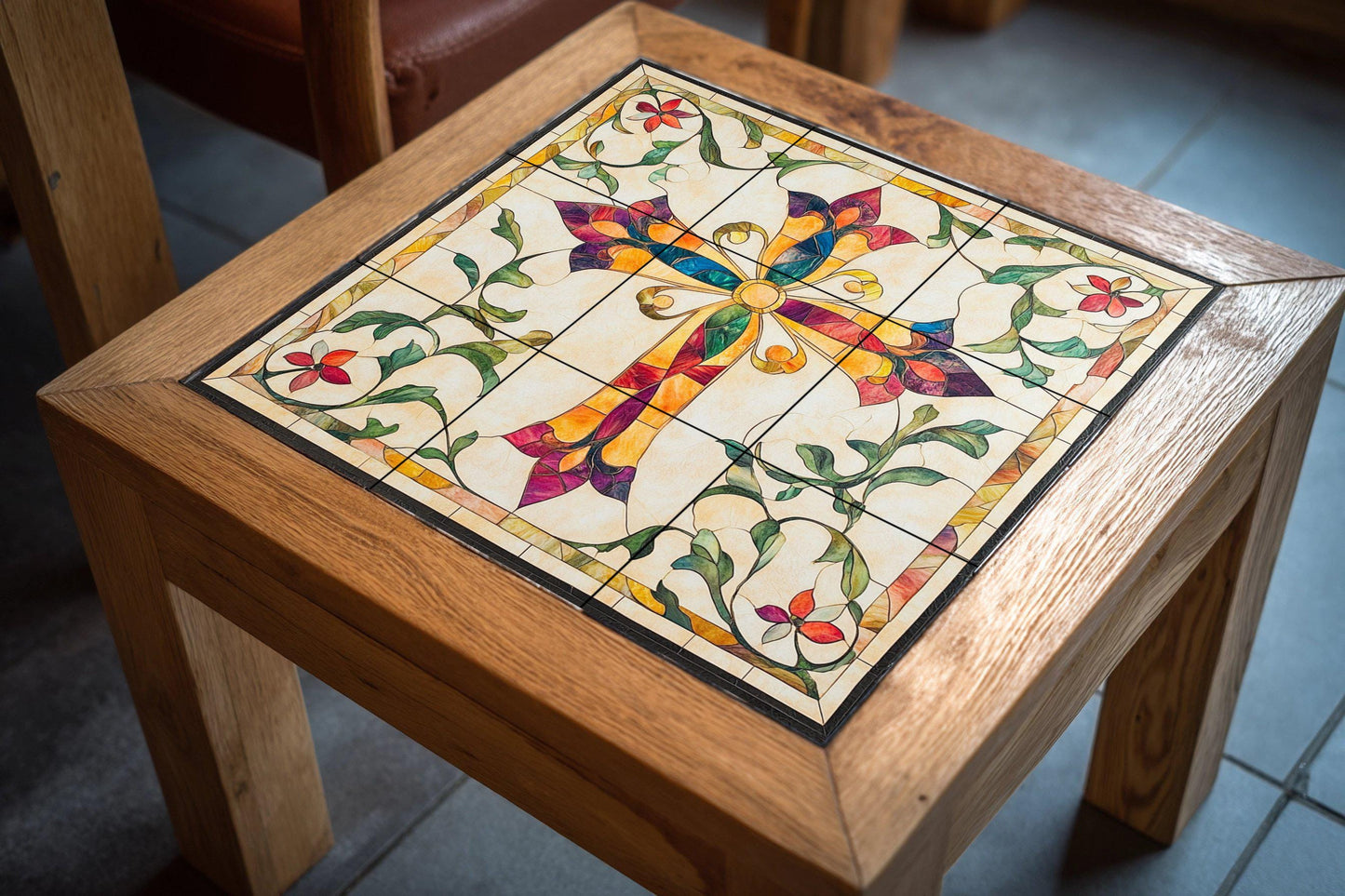 Colorful ceramic cross-shaped wall mural with floral ornaments, sacred Christian tile art, handmade religious decor inspired by stained glass.