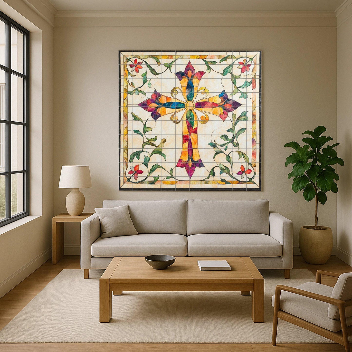 Colorful ceramic cross-shaped wall mural with floral ornaments, sacred Christian tile art, handmade religious decor inspired by stained glass.