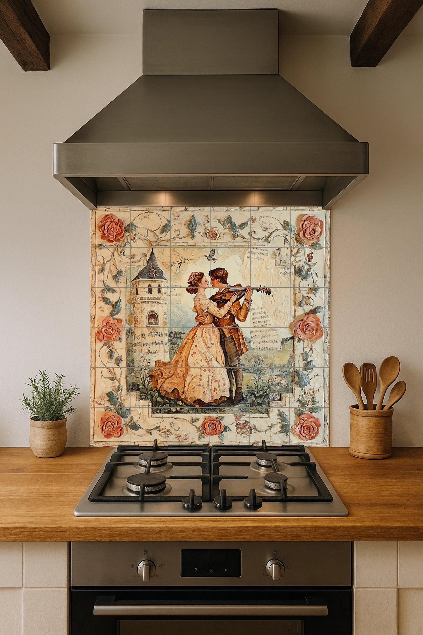Romantic couple ceramic wall mural with violin serenade and rose border, vintage love tile art, handmade decorative cultural decor
