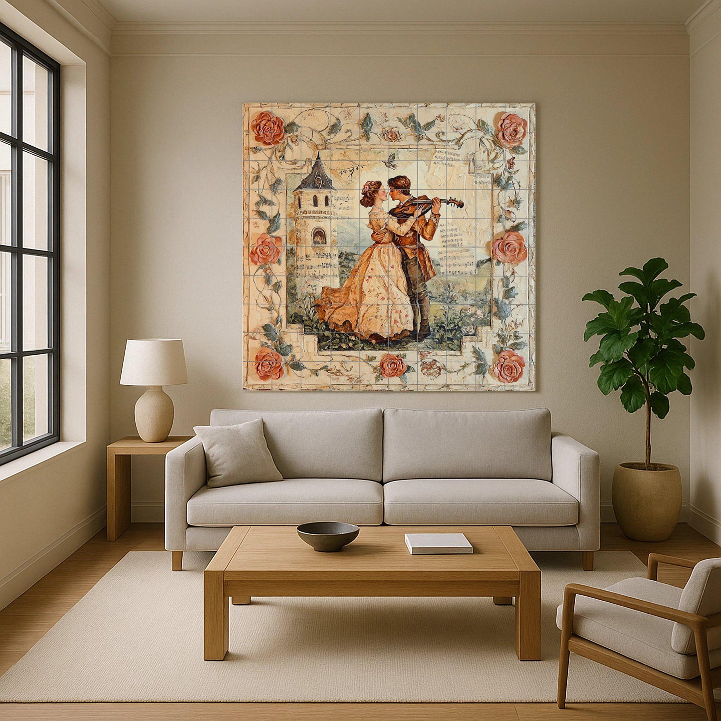 Romantic couple ceramic wall mural with violin serenade and rose border, vintage love tile art, handmade decorative cultural decor