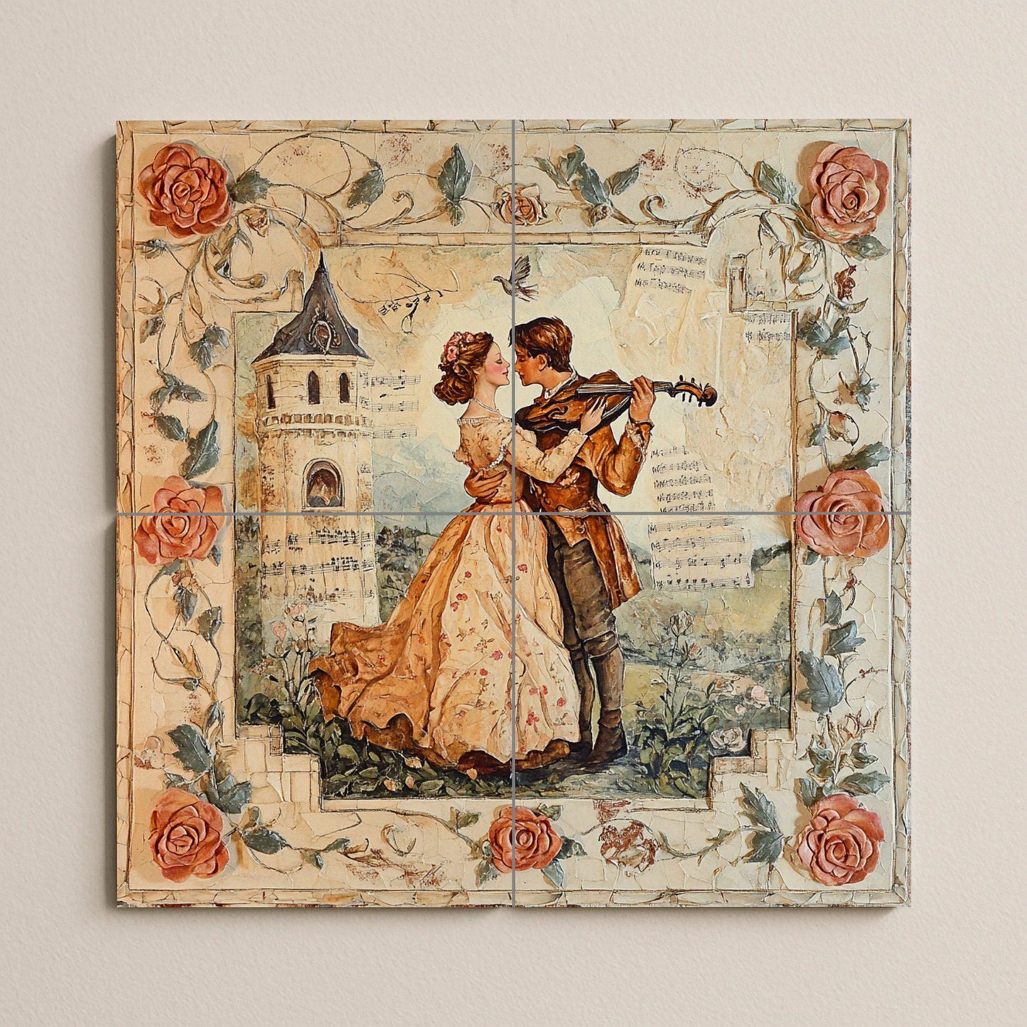 Romantic couple ceramic wall mural with violin serenade and rose border, vintage love tile art, handmade decorative cultural decor