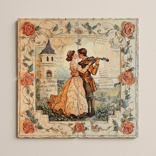 Romantic couple ceramic wall mural with violin serenade and rose border, vintage love tile art, handmade decorative cultural decor