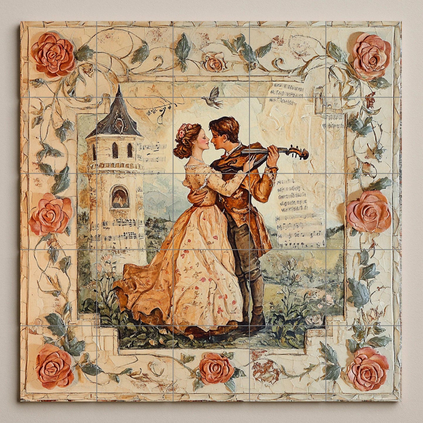 Romantic couple ceramic wall mural with violin serenade and rose border, vintage love tile art, handmade decorative cultural decor