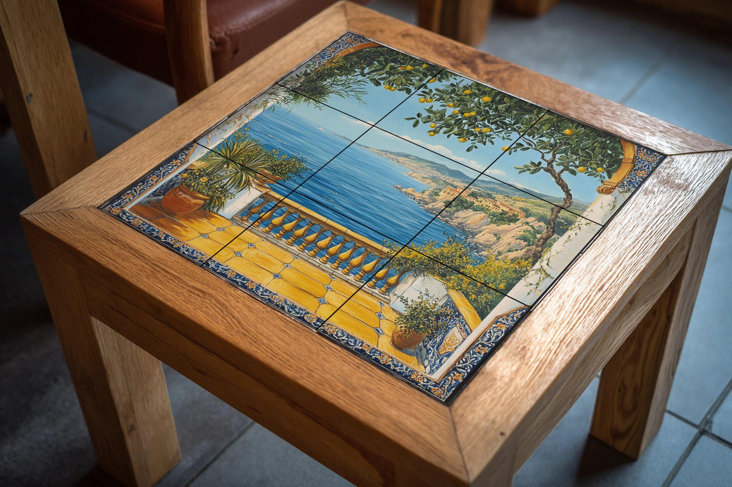 Mediterranean lemon tree ceramic wall mural with sea view from a coastal balcony, Italian seaside tile art, handmade Amalfi style decor.