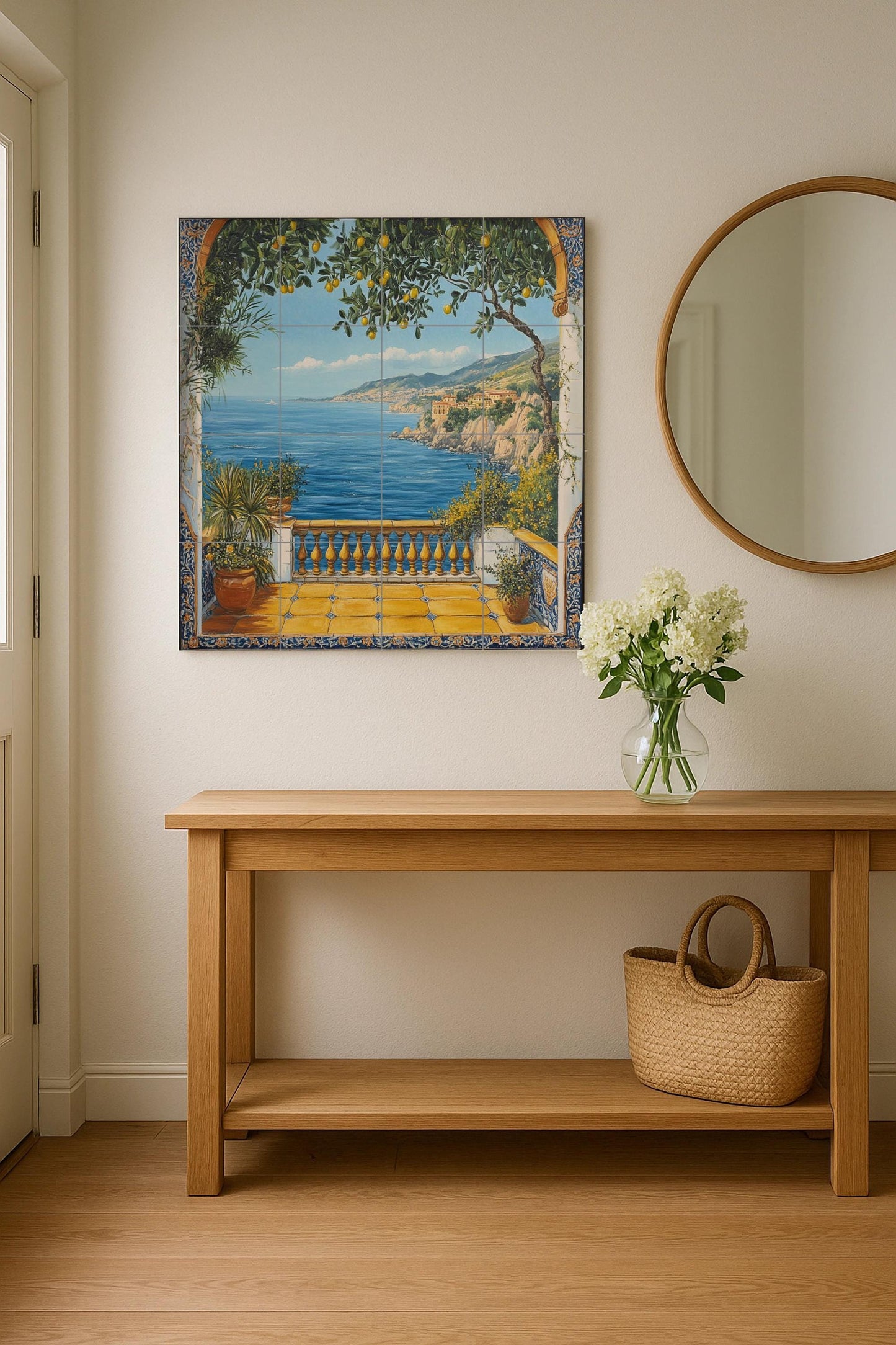 Mediterranean lemon tree ceramic wall mural with sea view from a coastal balcony, Italian seaside tile art, handmade Amalfi style decor.