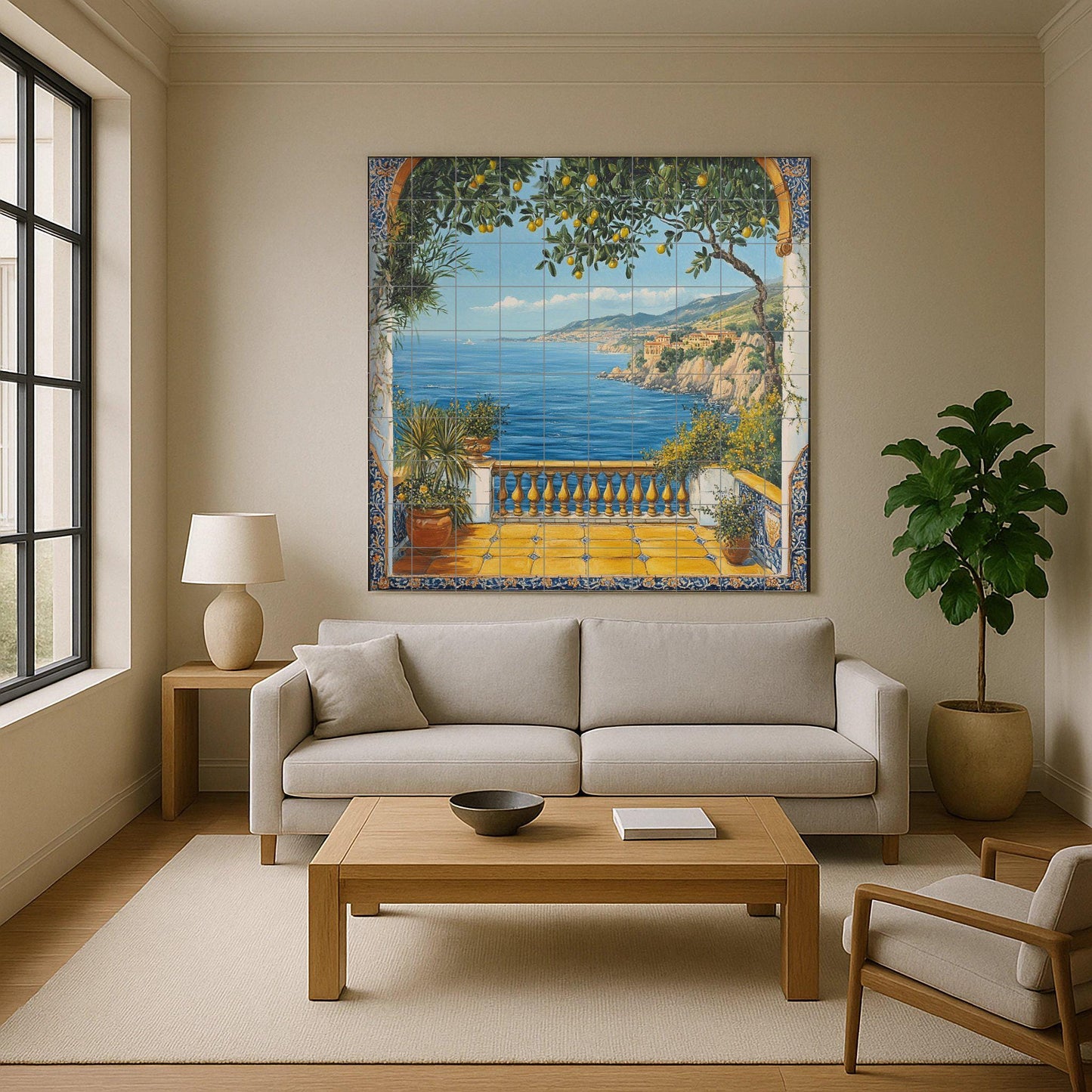 Mediterranean lemon tree ceramic wall mural with sea view from a coastal balcony, Italian seaside tile art, handmade Amalfi style decor.
