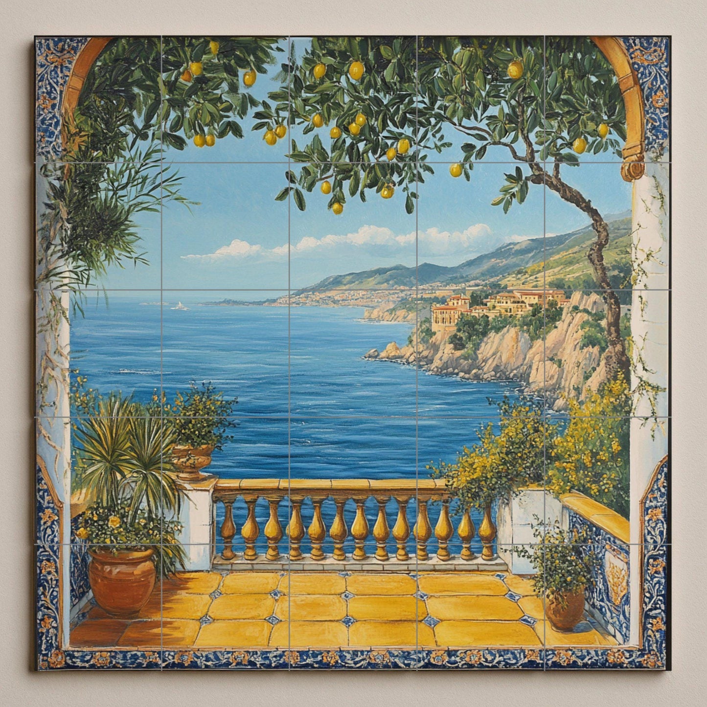 Mediterranean lemon tree ceramic wall mural with sea view from a coastal balcony, Italian seaside tile art, handmade Amalfi style decor.