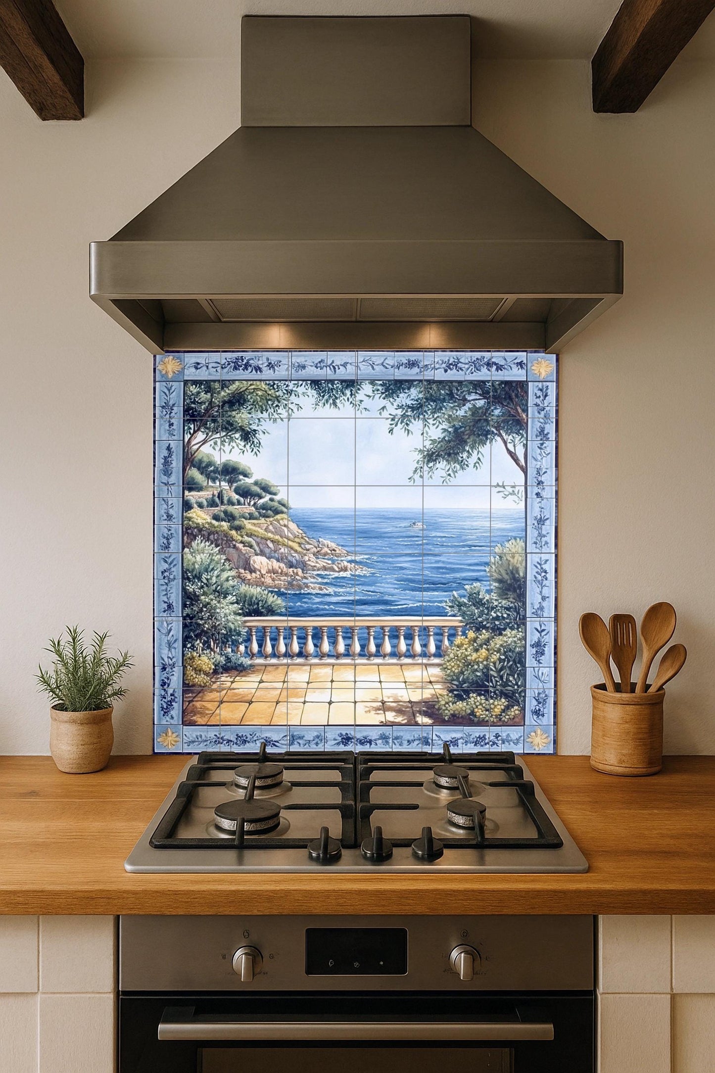 Ceramic wall mural with Mediterranean sea view and blue floral border, coastal landscape tile art, handmade decoration