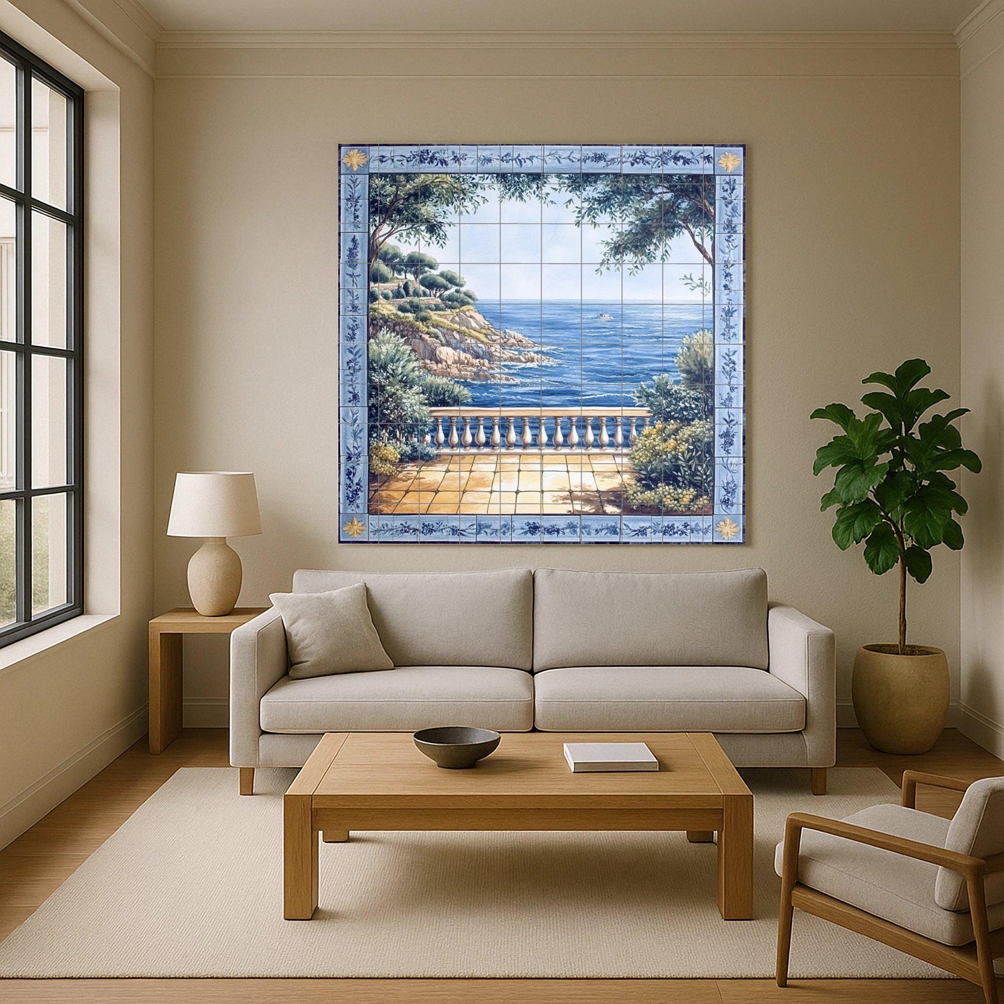 Ceramic wall mural with Mediterranean sea view and blue floral border, coastal landscape tile art, handmade decoration