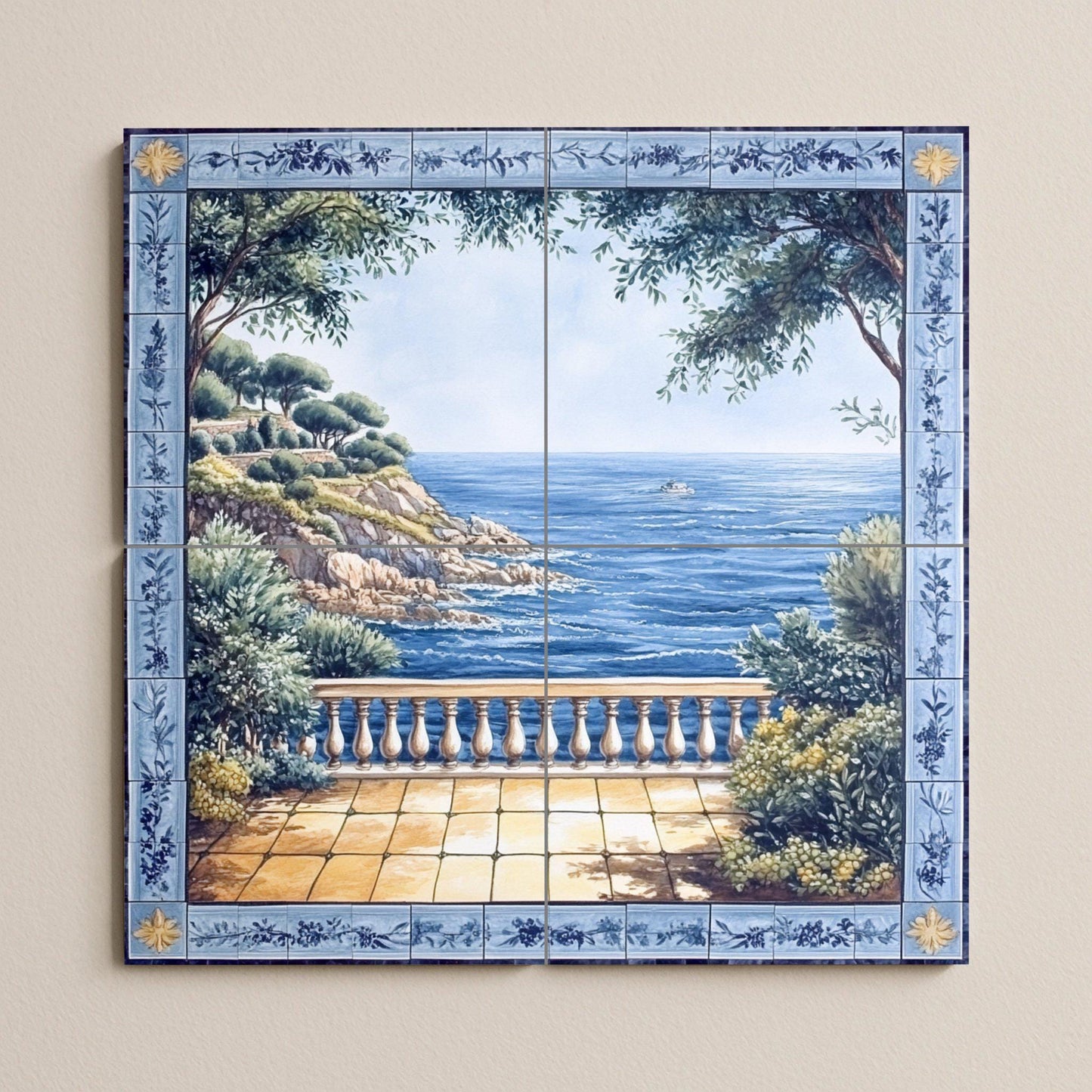 Ceramic wall mural with Mediterranean sea view and blue floral border, coastal landscape tile art, handmade decoration