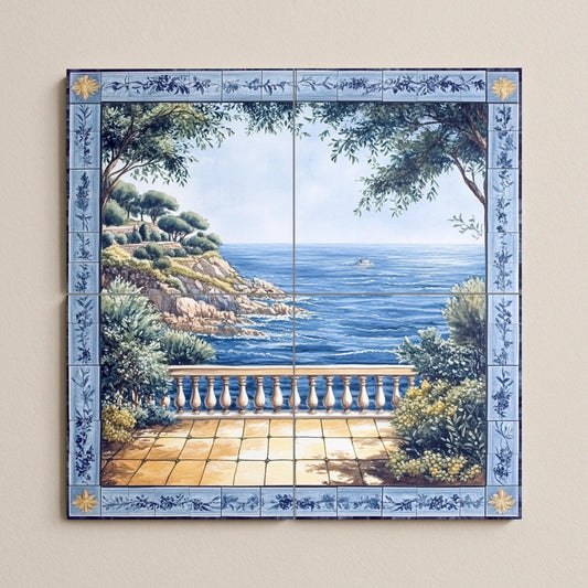 Ceramic wall mural with Mediterranean sea view and blue floral border, coastal landscape tile art, handmade decoration