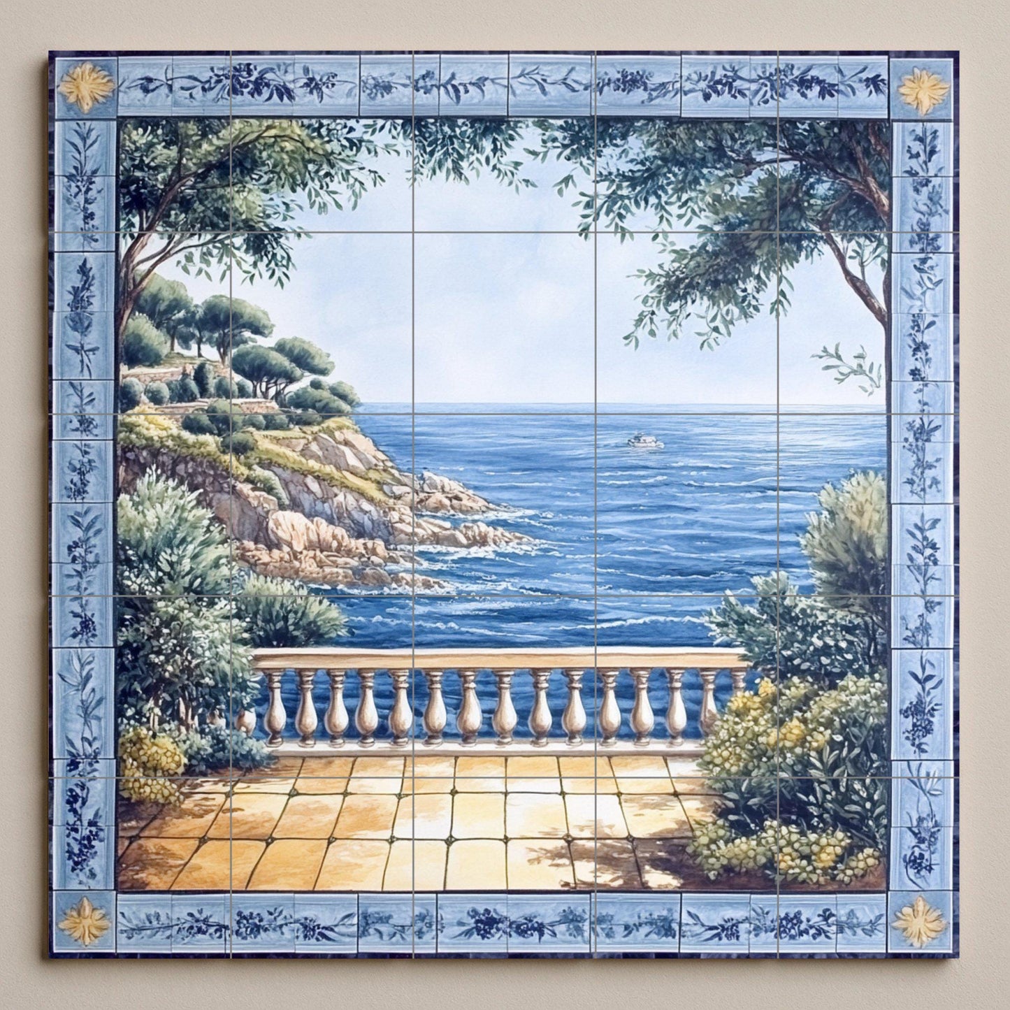 Ceramic wall mural with Mediterranean sea view and blue floral border, coastal landscape tile art, handmade decoration