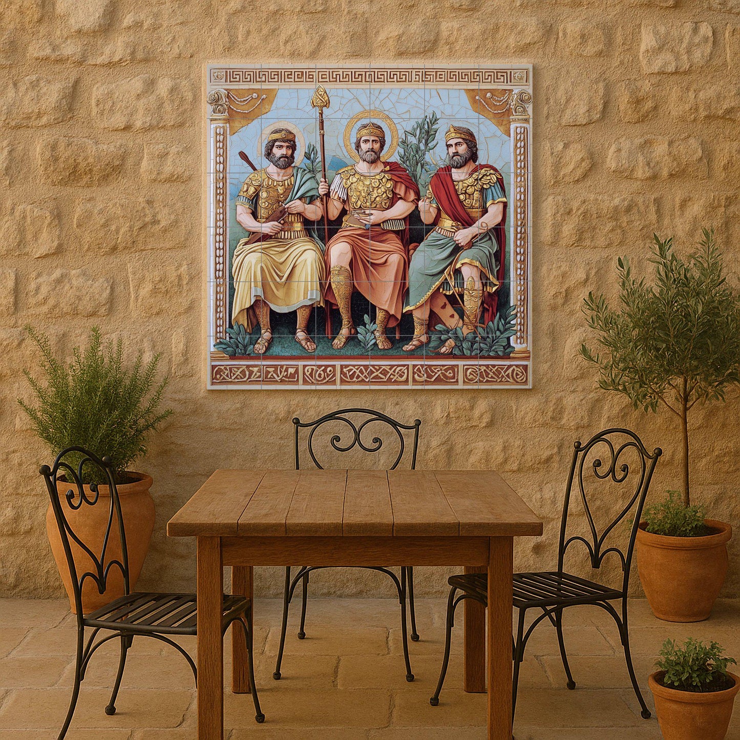 Ceramic mural of Byzantine kings in golden armor and sacred halos, historical religious tile art, handmade cultural decoration