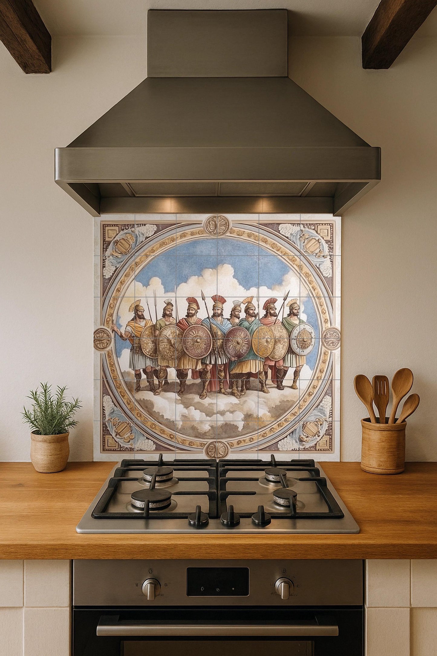 Ceramic wall mural of ancient warriors with Roman soldiers and shields, classic battle tile art, handmade historical cultural decoration