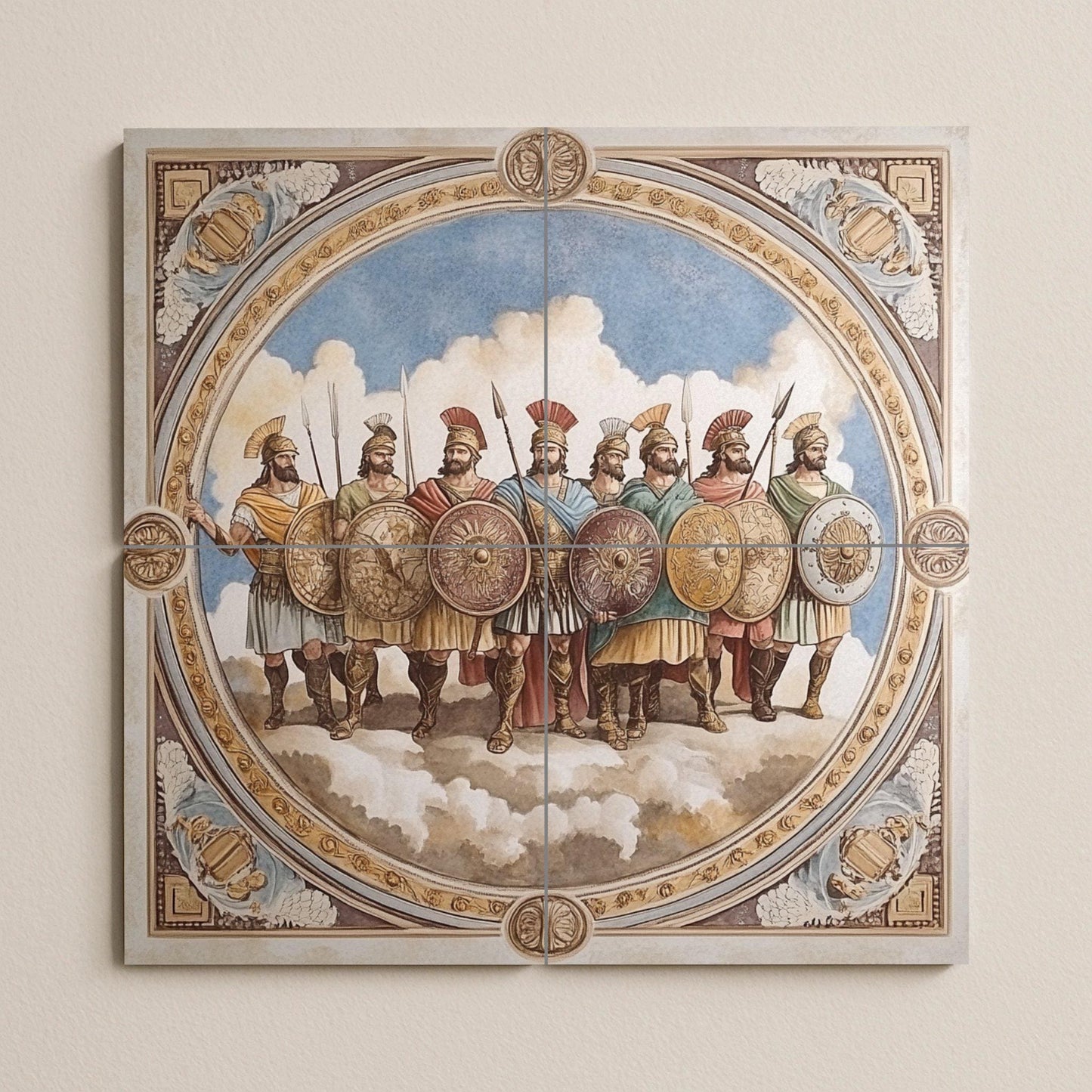 Ceramic wall mural of ancient warriors with Roman soldiers and shields, classic battle tile art, handmade historical cultural decoration