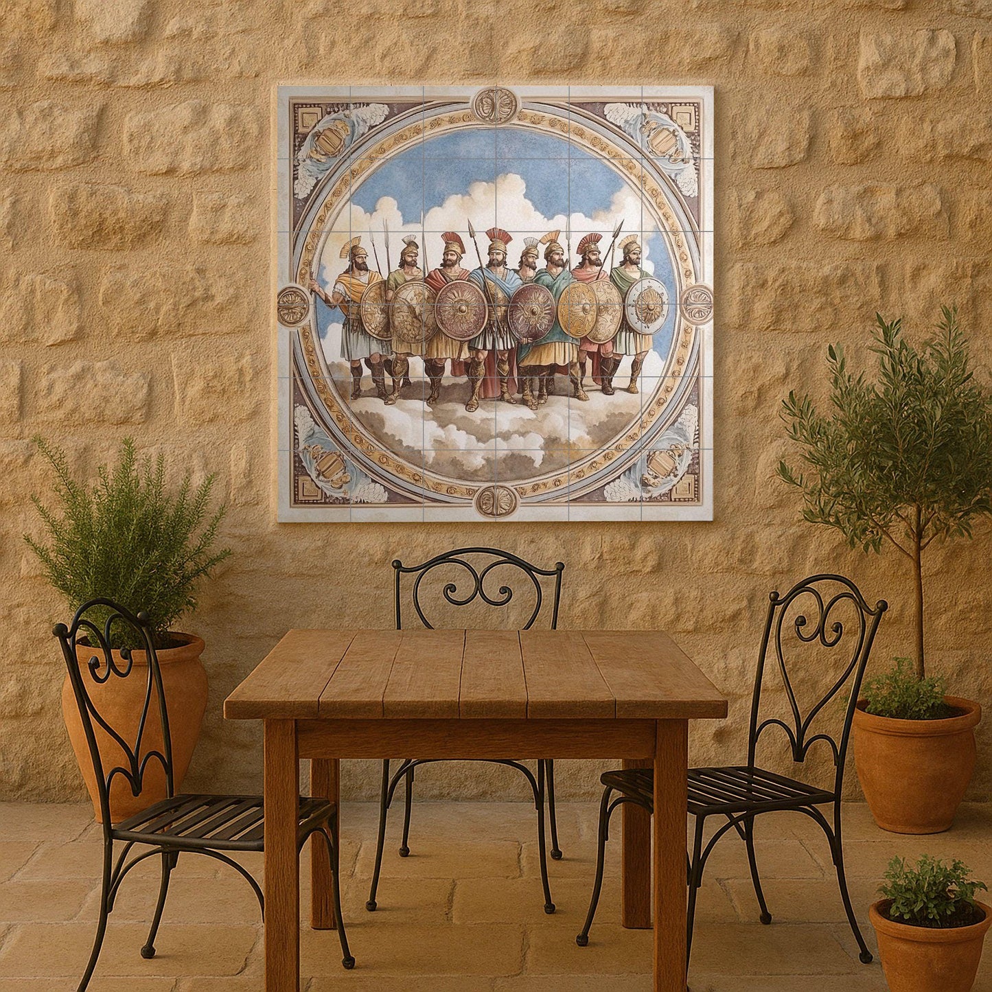 Ceramic wall mural of ancient warriors with Roman soldiers and shields, classic battle tile art, handmade historical cultural decoration