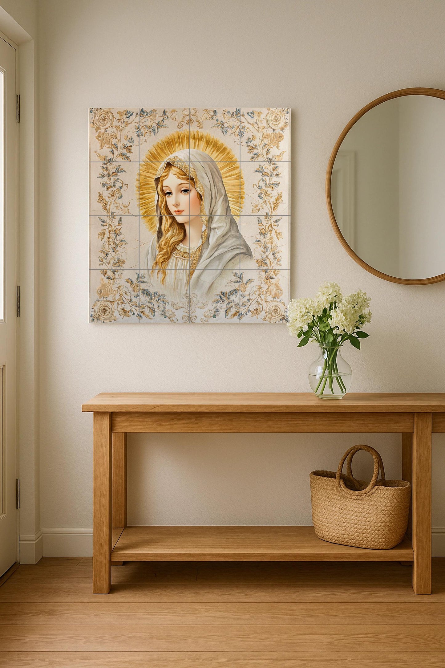 Ceramic wall mural of the Virgin Mary with a golden halo and floral ornaments, sacred religious tile art, handmade Catholic spiritual decoration