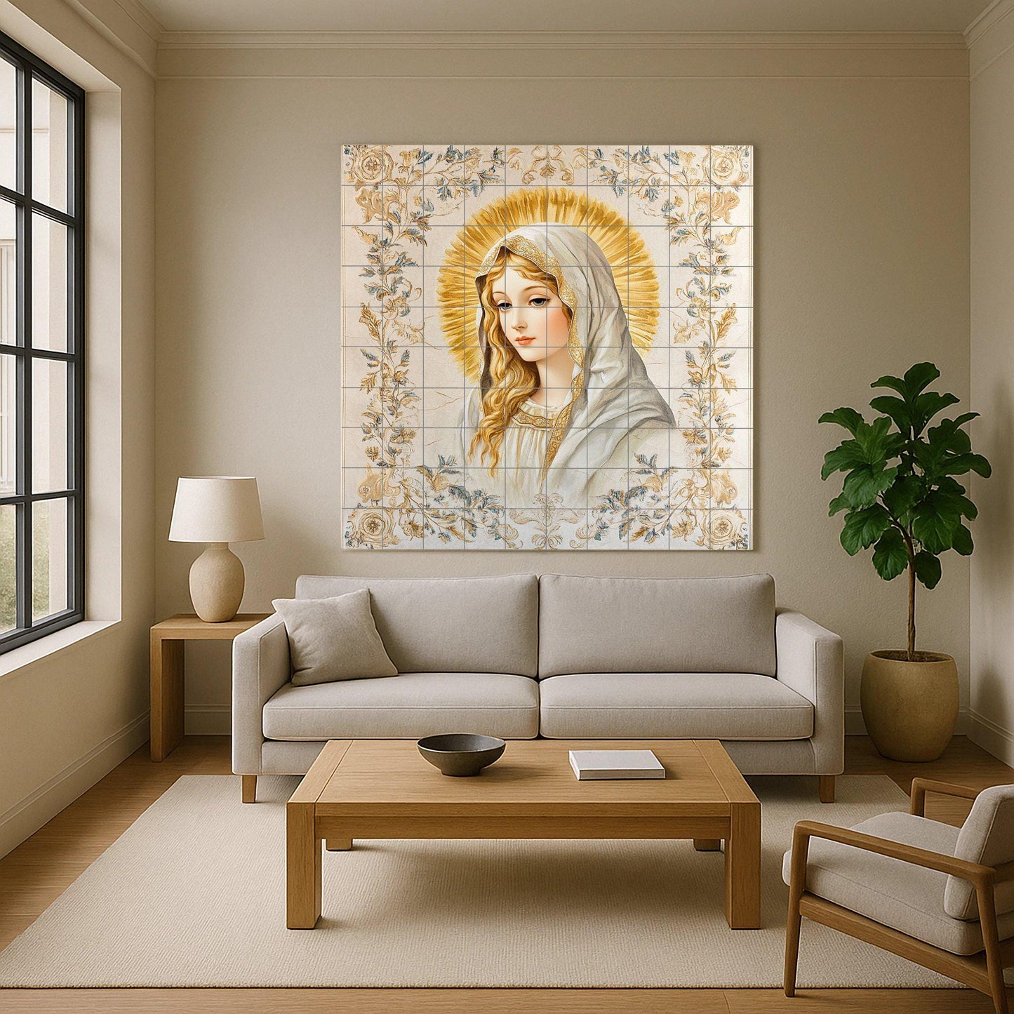 Ceramic wall mural of the Virgin Mary with a golden halo and floral ornaments, sacred religious tile art, handmade Catholic spiritual decoration