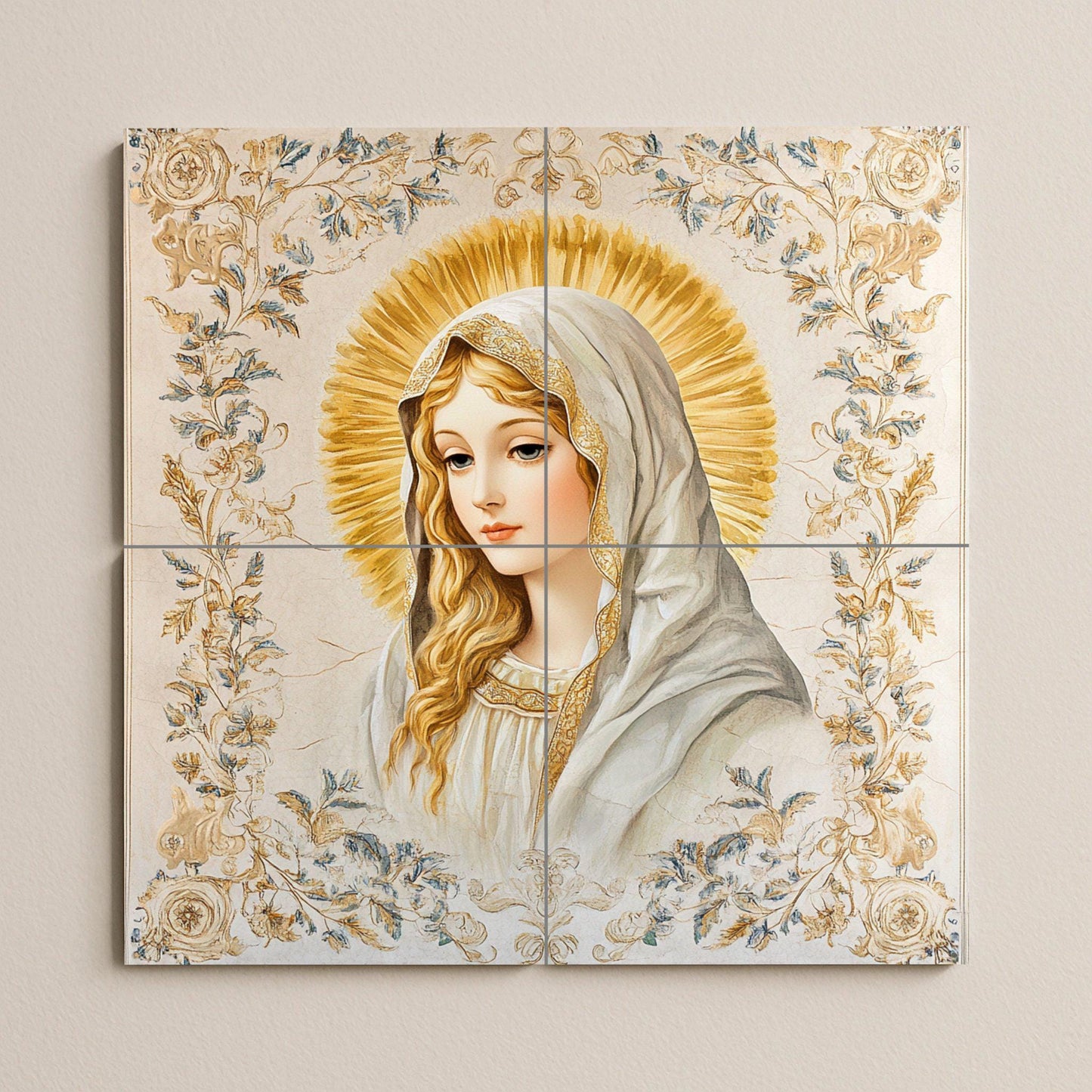 Ceramic wall mural of the Virgin Mary with a golden halo and floral ornaments, sacred religious tile art, handmade Catholic spiritual decoration