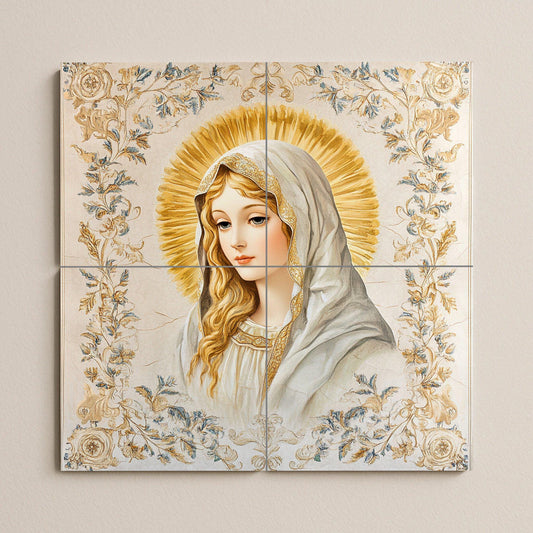 Ceramic wall mural of the Virgin Mary with a golden halo and floral ornaments, sacred religious tile art, handmade Catholic spiritual decoration